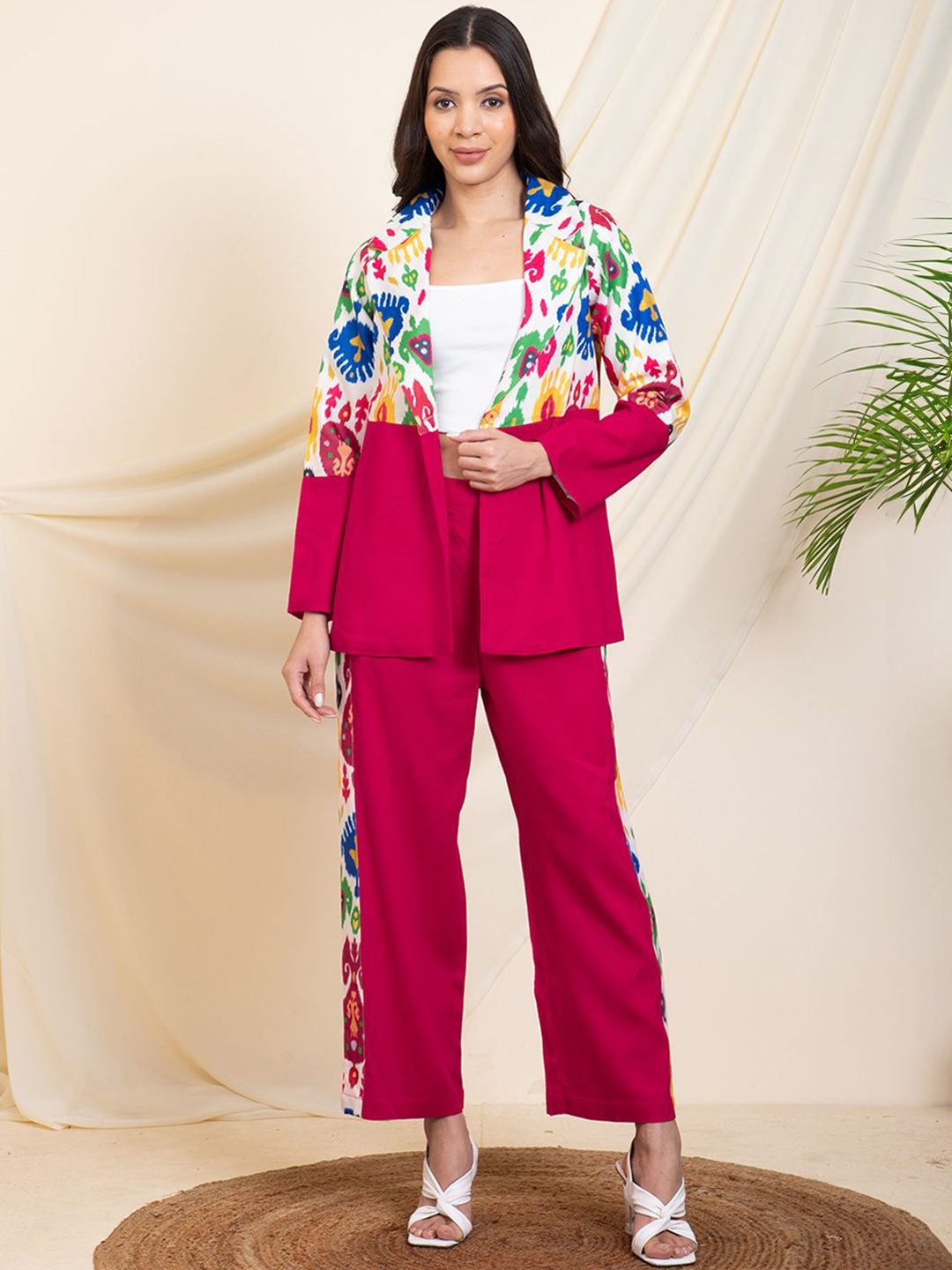 

DEEBACO Notched Lapel Collar Printed Blazer With Trousers, Magenta