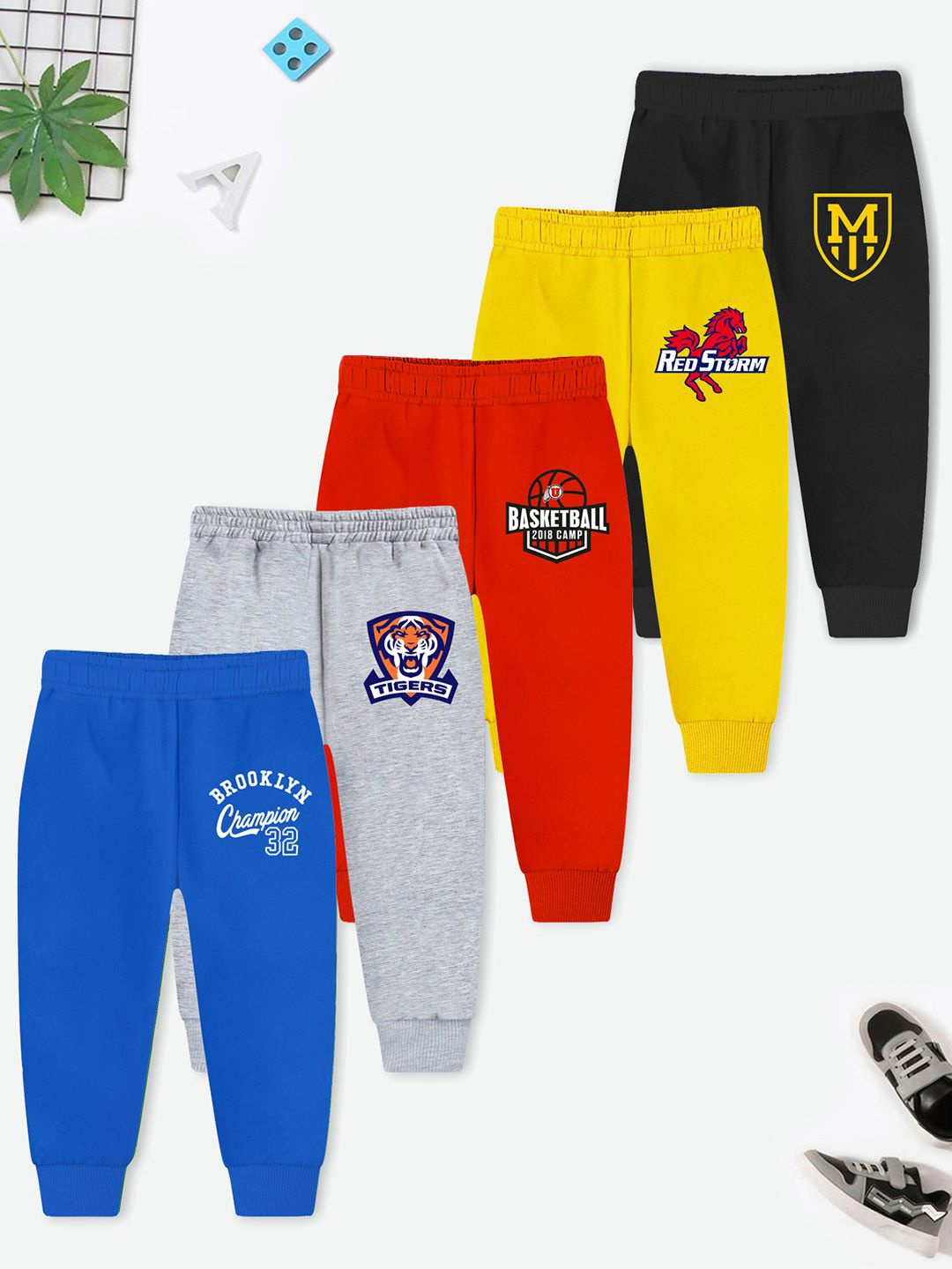 

YK X Trampoline Kids Pack Of 5 Printed Joggers, Red