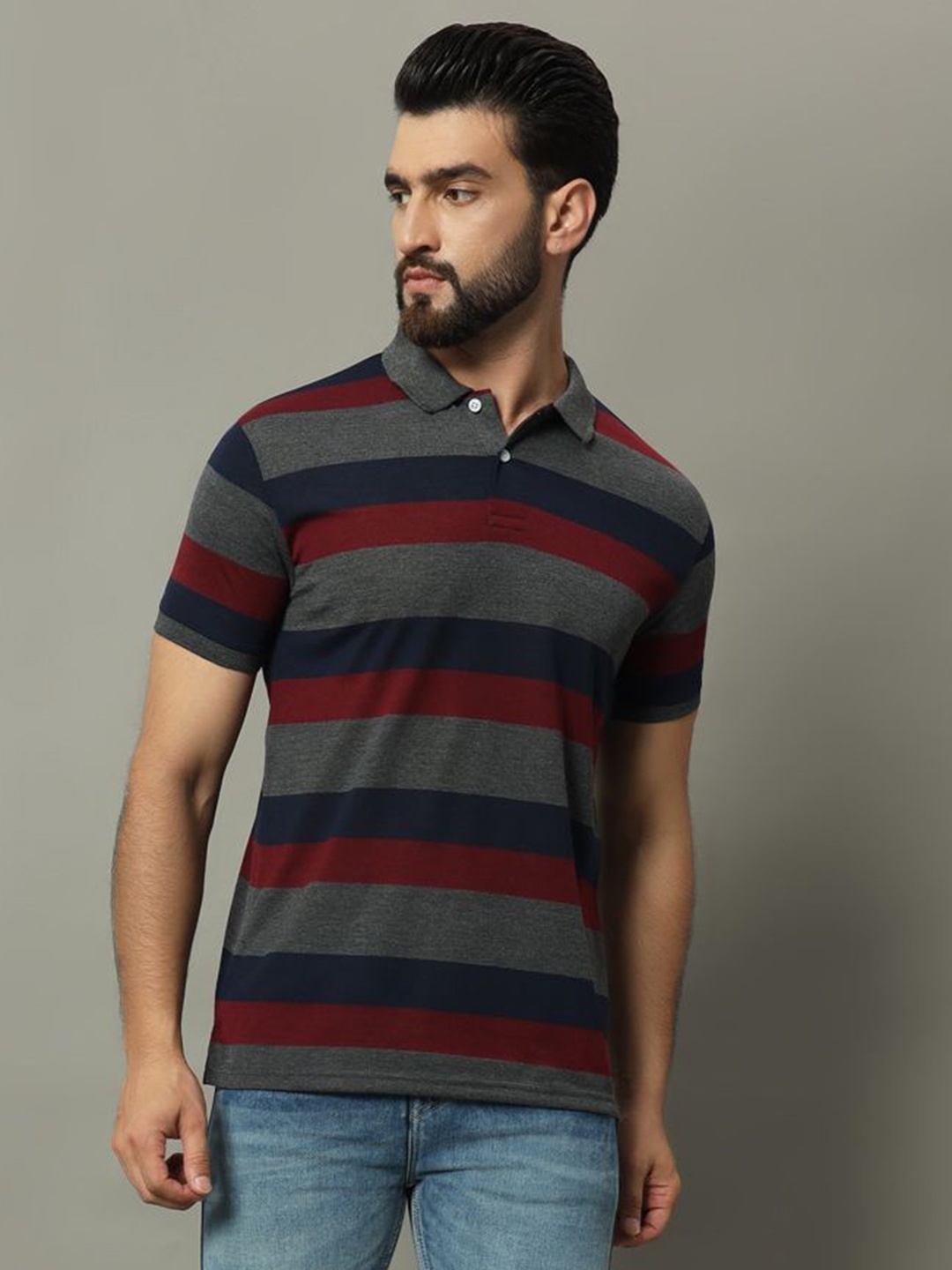 

GET GOLF Men Striped Polo Collar Cotton T-shirt, Navy blue