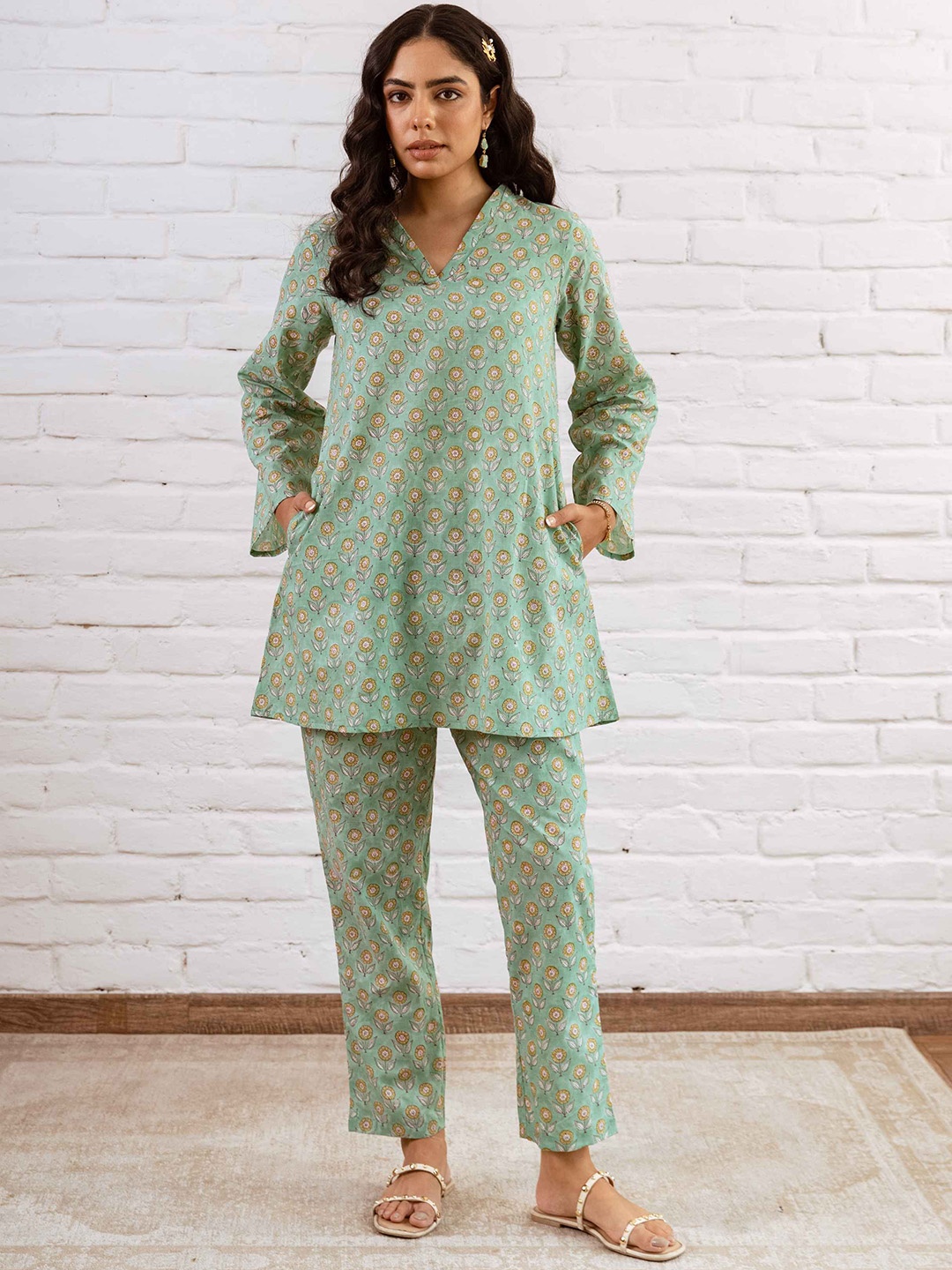 

HUKUM Printed Pure Cotton Top & Trousers Co-Ords, Green