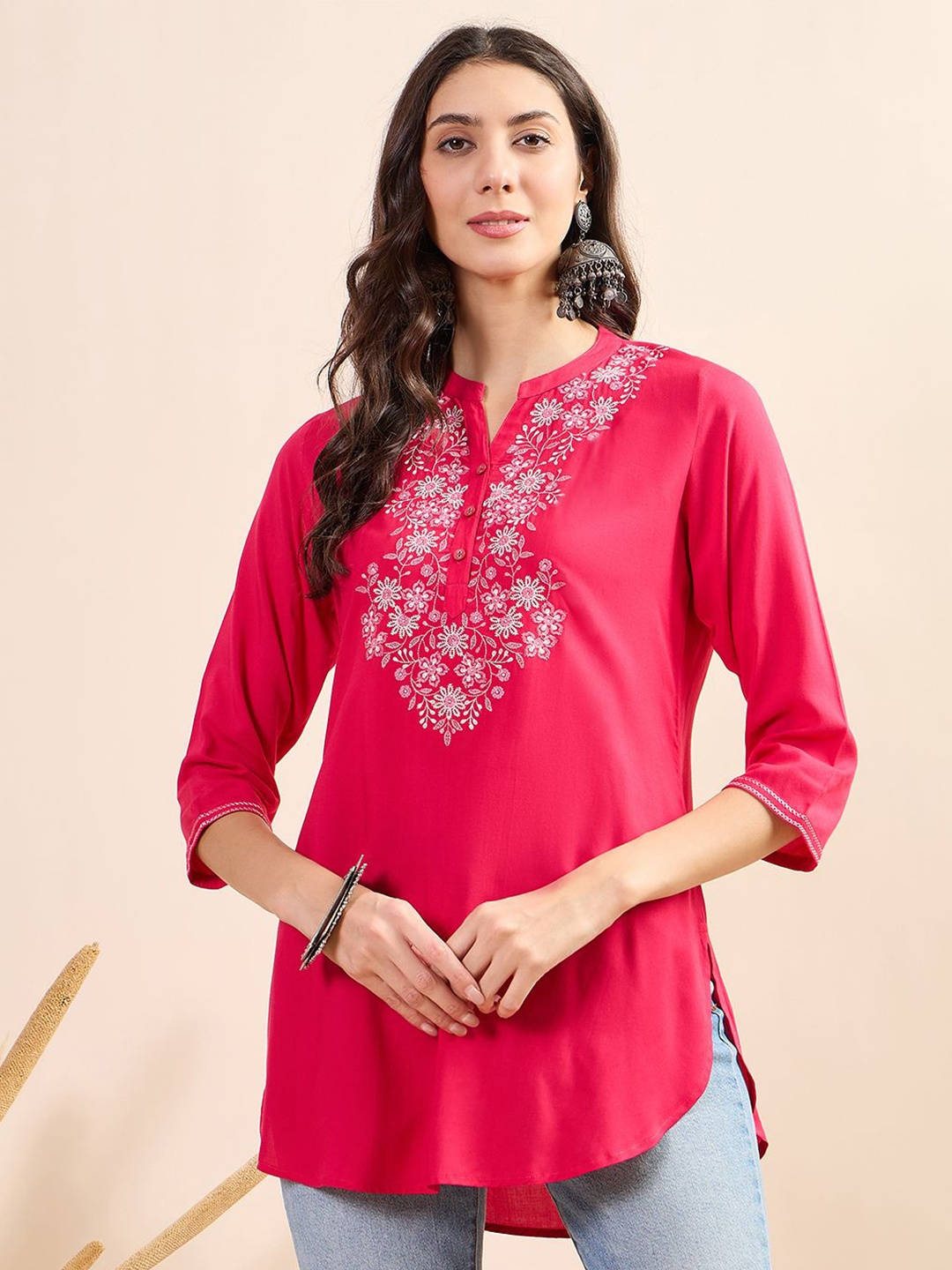 

Anouk Embroidered Mandarin Collar Top, Pink