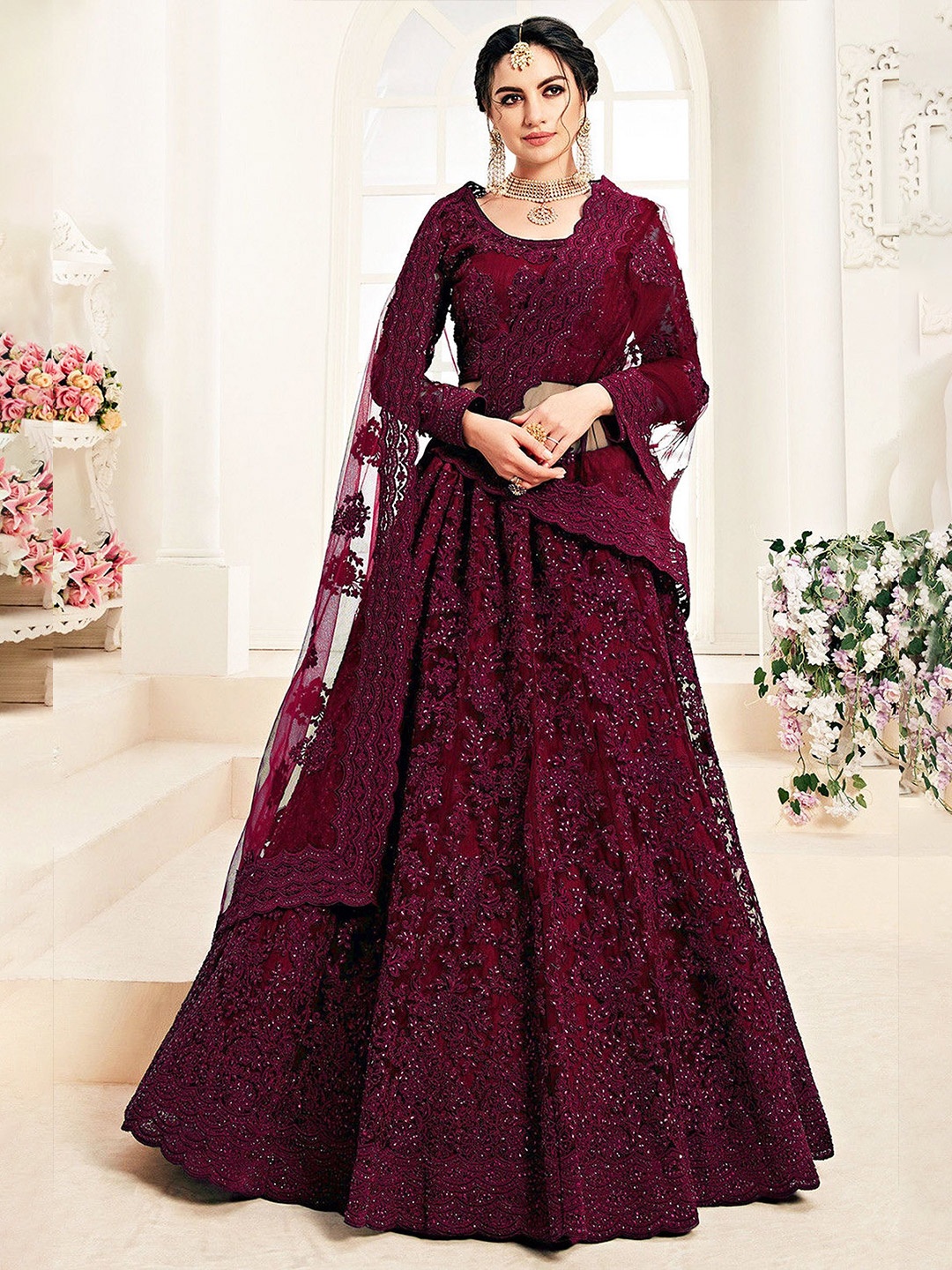 

JULEE Embroidered Thread Work Semi-Stitched Lehenga & Unstitched Blouse With Dupatta, Maroon