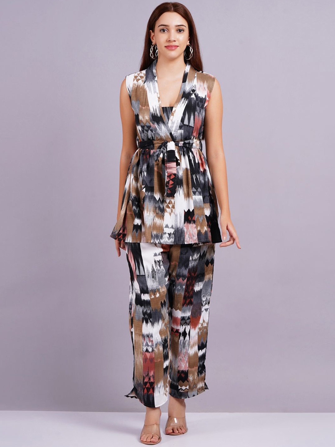 

HIGHLIGHT FASHION EXPORT V Neck Printed Tunic & Trousers Co-Ords, Black