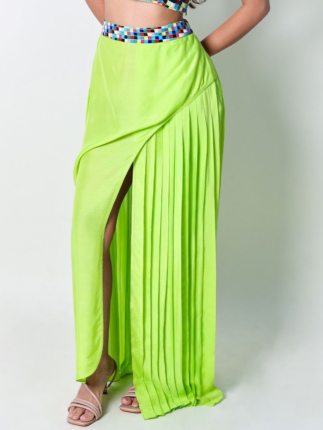 

Arya Giri Women Pleated Flared Maxi Skirt, Lime green