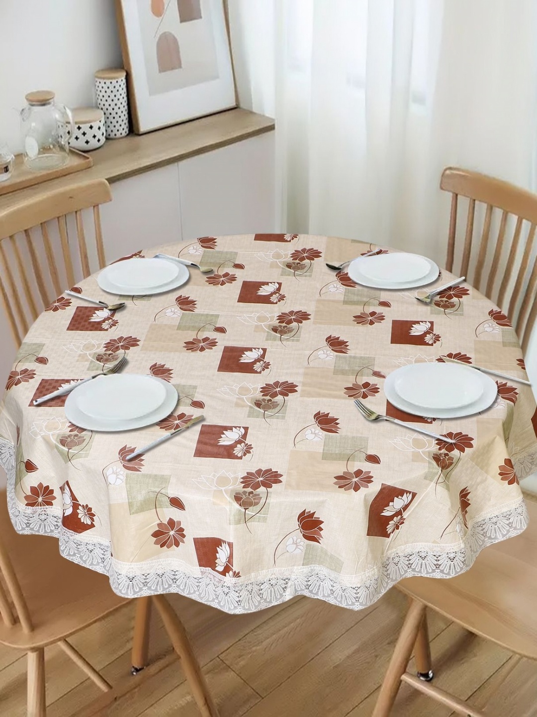 

Dakshya Industries Beige Floral Waterproof Plastic Round 6-Seater Table Cover
