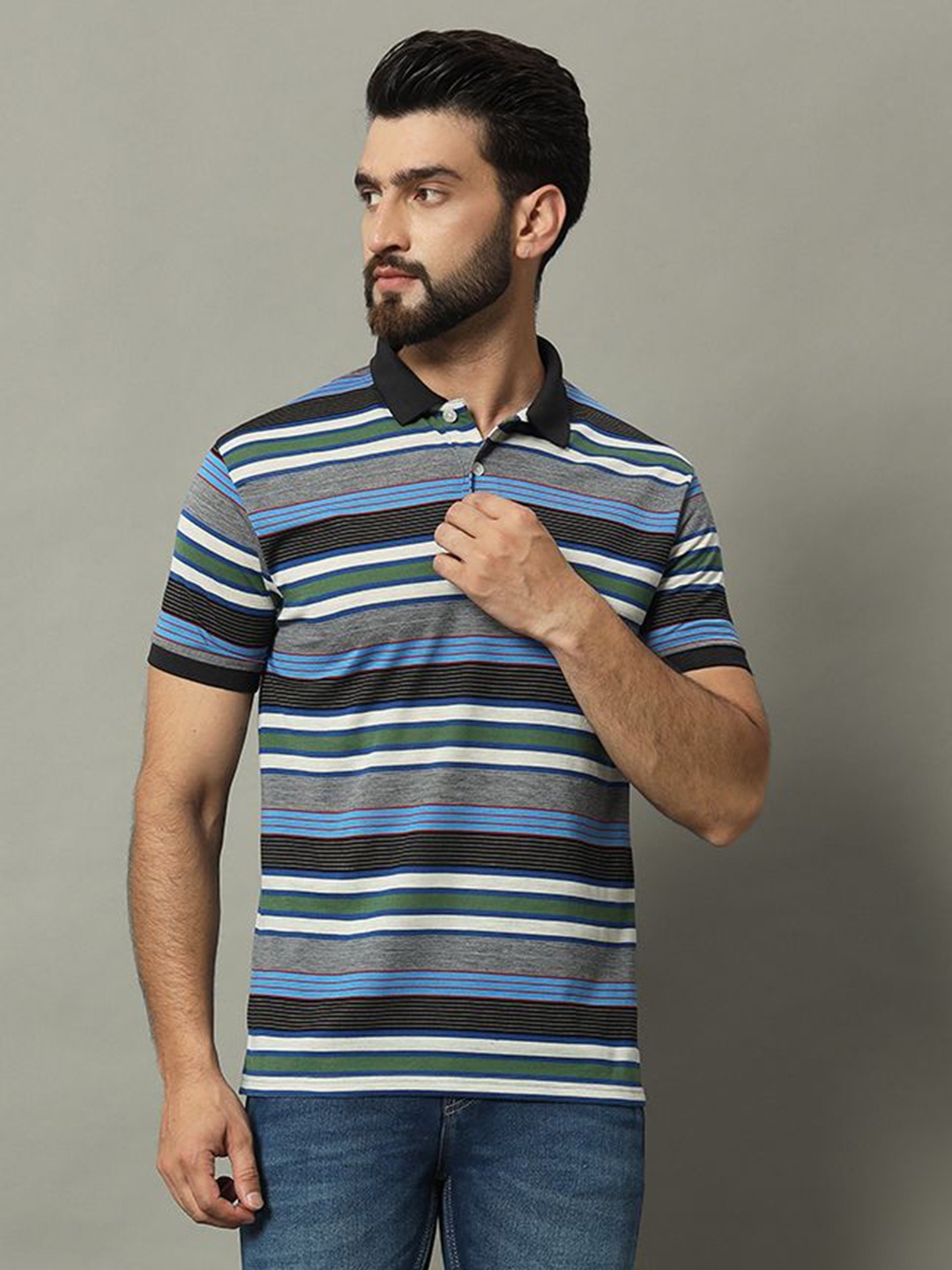 

GET GOLF Men Striped Polo Collar Cotton T-shirt, Blue