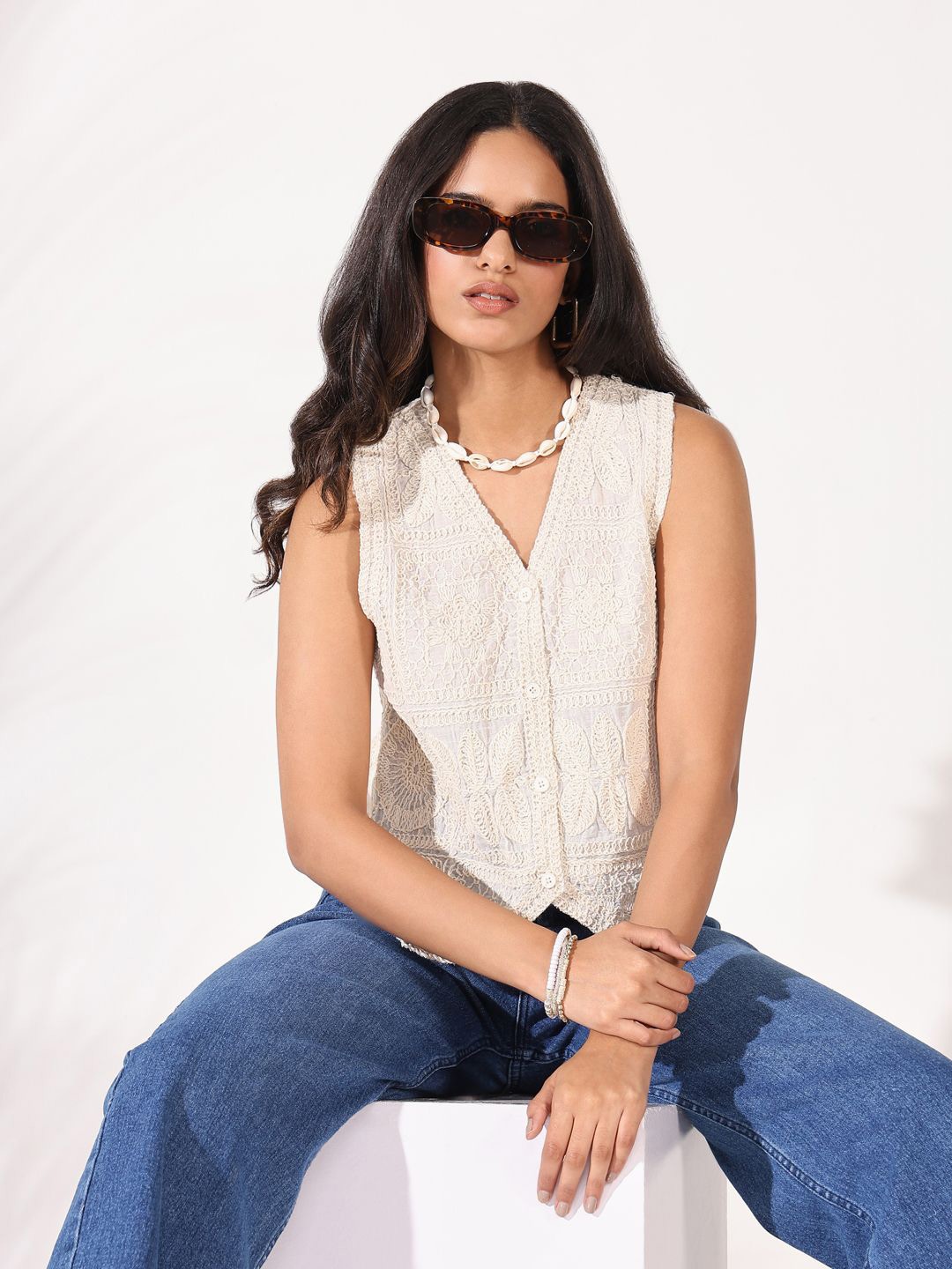 

SHOWOFF Women Embroidered V - Neck Top, Cream