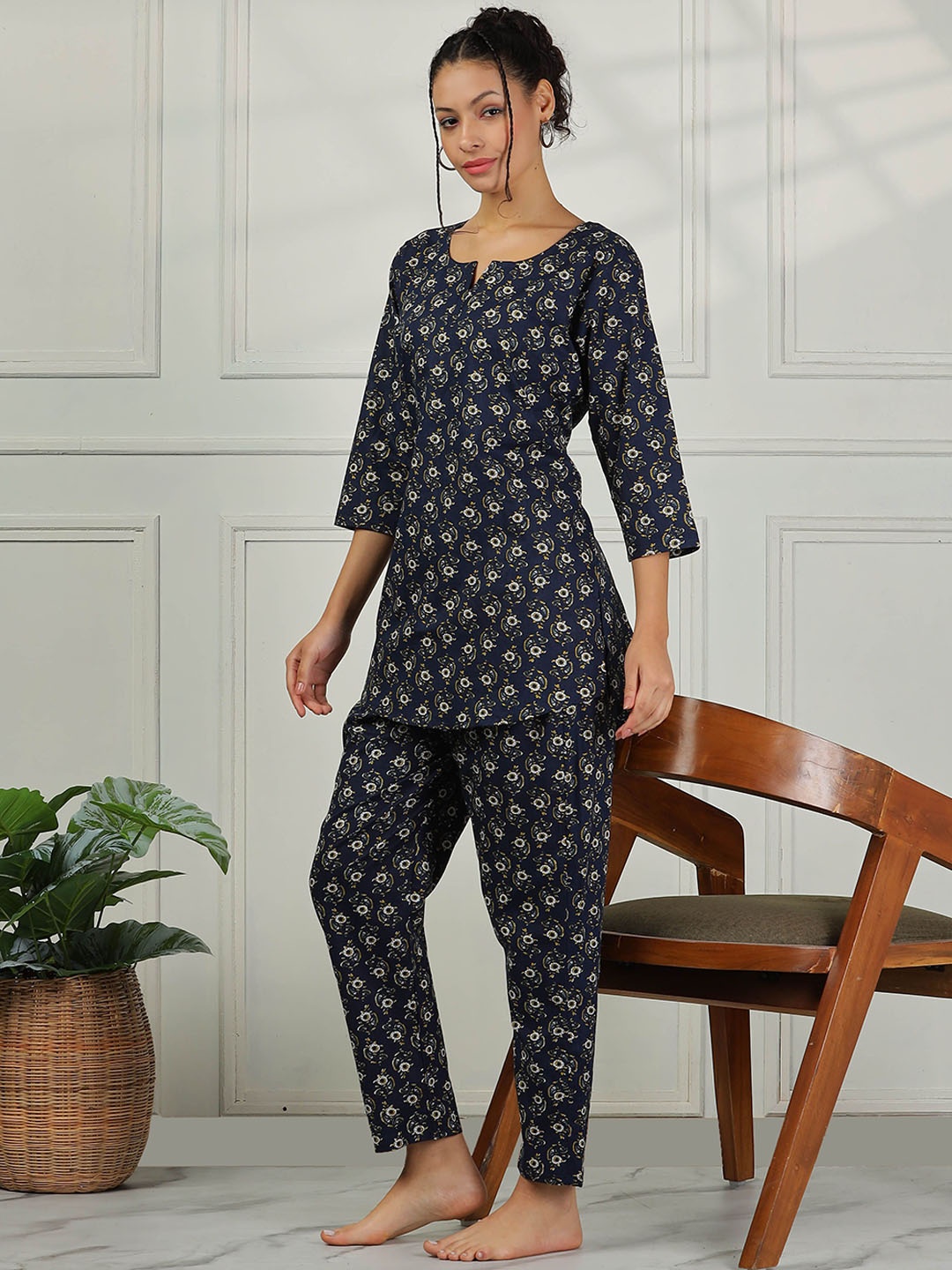 

9shines Label Printed Pure Cotton Night suit, Blue