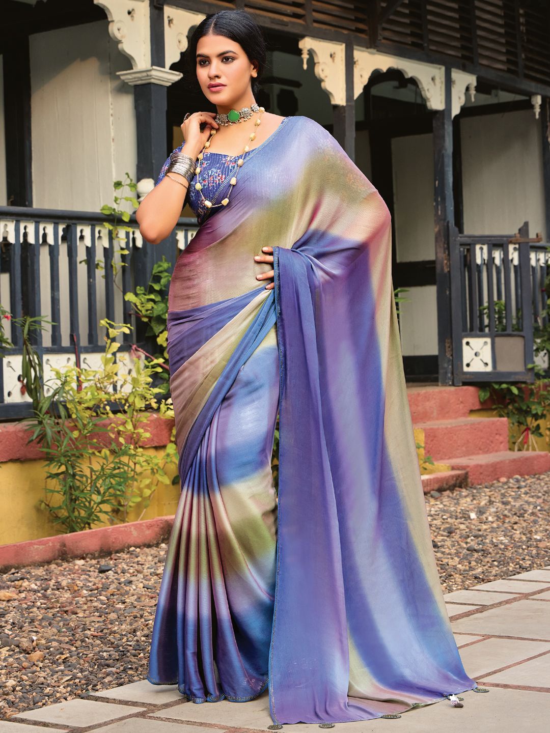 

Mitera Striped Beads and Stones Poly Chiffon Saree, Blue