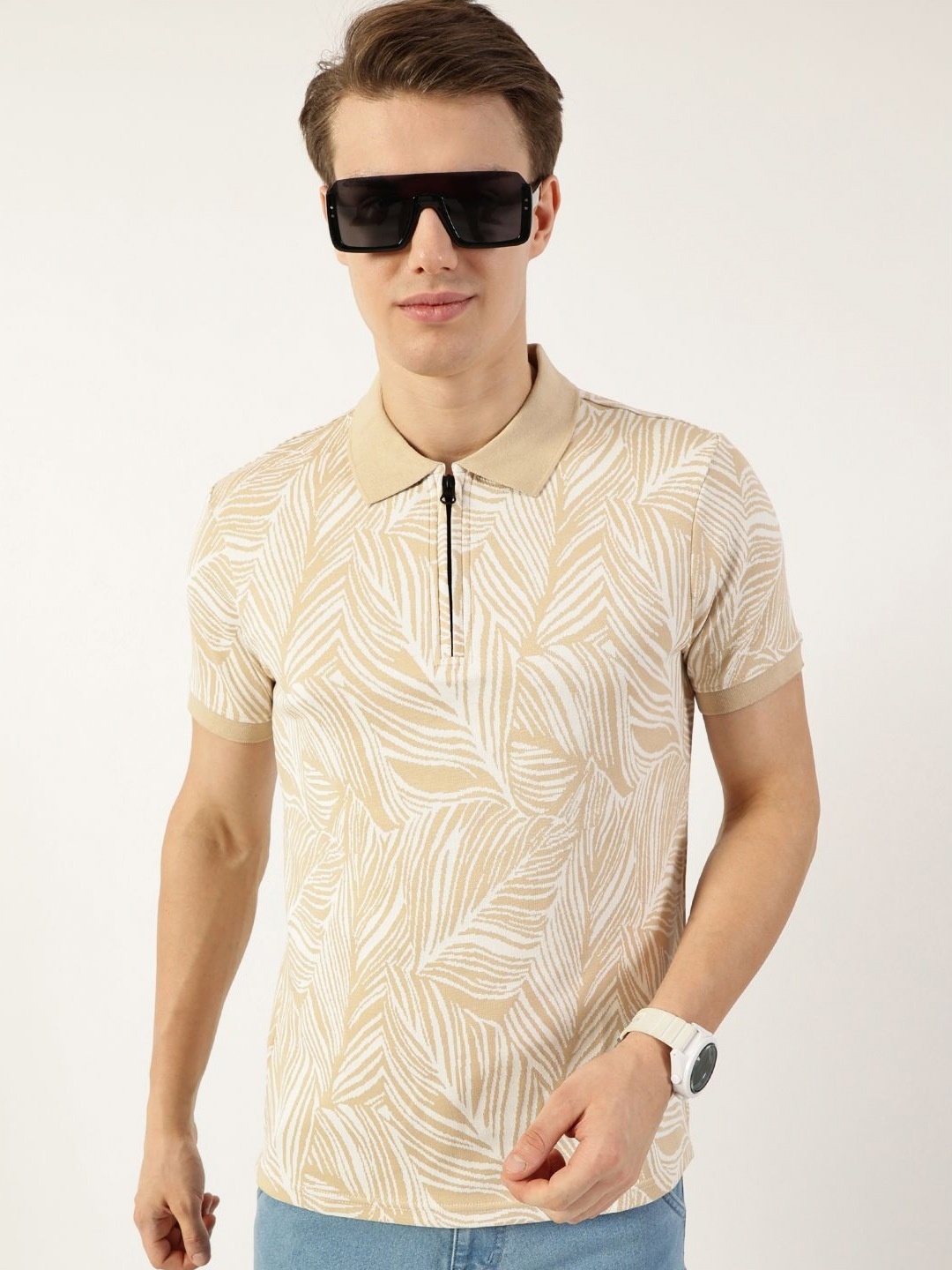 

Thomas Scott Men Floral Printed Polo Collar Pockets T-shirt, Beige