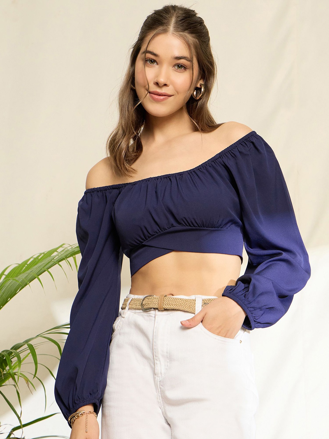 

Berrylush Bishop Sleeves Blouson Crop Top, Navy blue