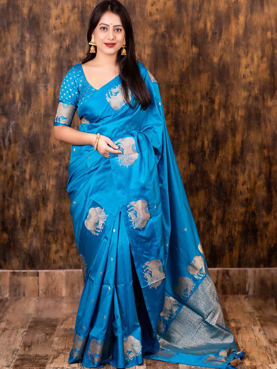 

Mitera Woven Design Zari Silk Blend Designer Banarasi Saree, Blue