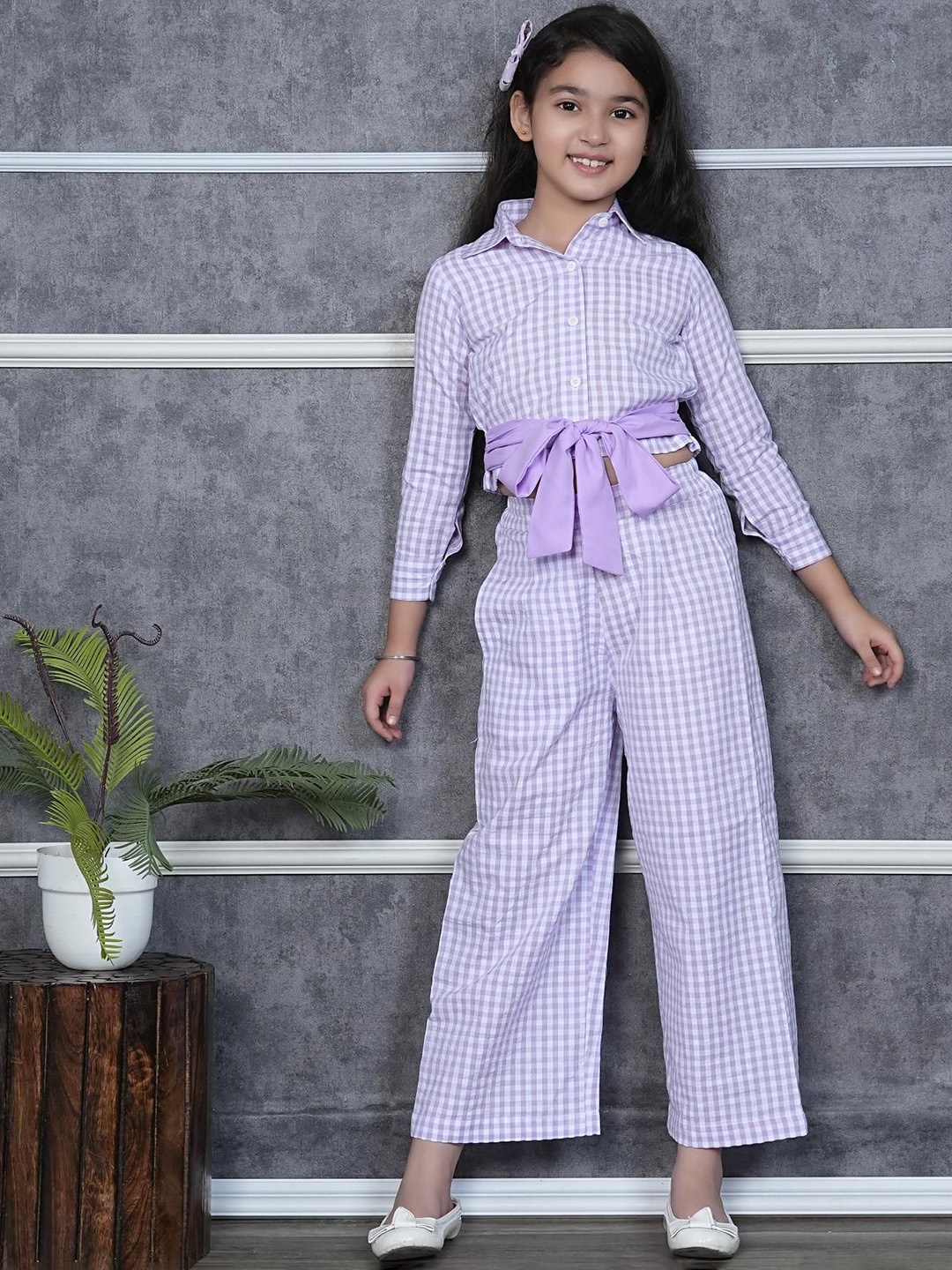 

BAESD Checked Shirt With Palazzos Clothing Set, Purple