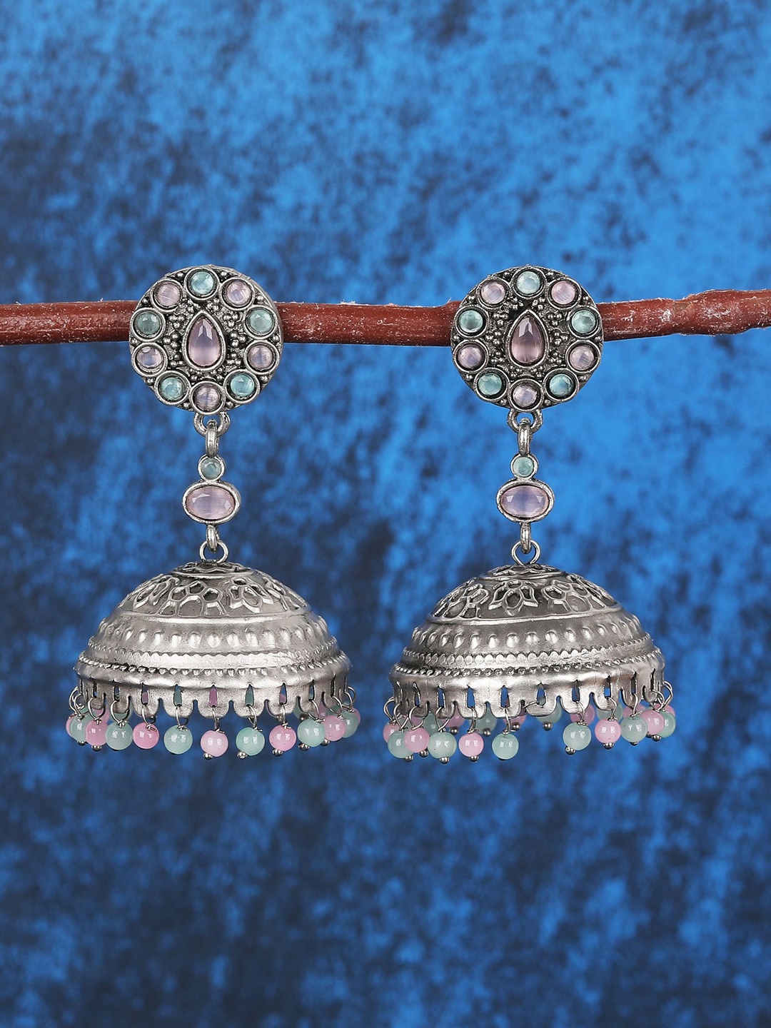 

Sangria Stone-Studded & Beaded Drop Jhumka Earrings, Silver