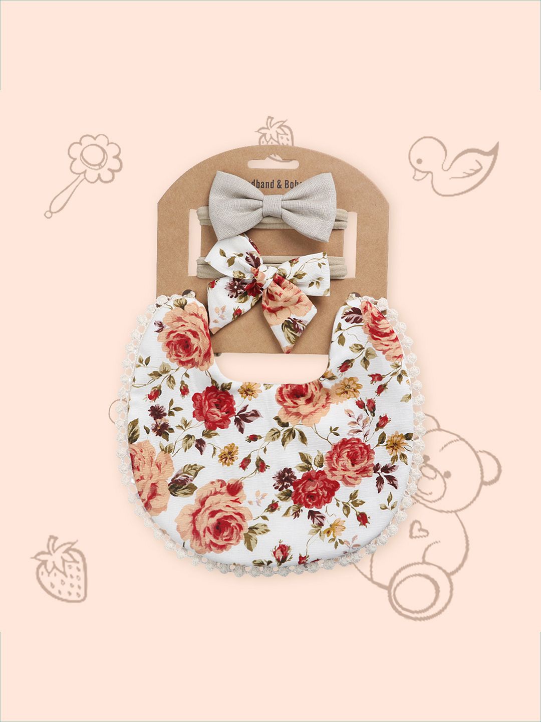 

Polka Tots Girls Pack Of 3 Printed Cotton Bibs With Bow Headbands, White