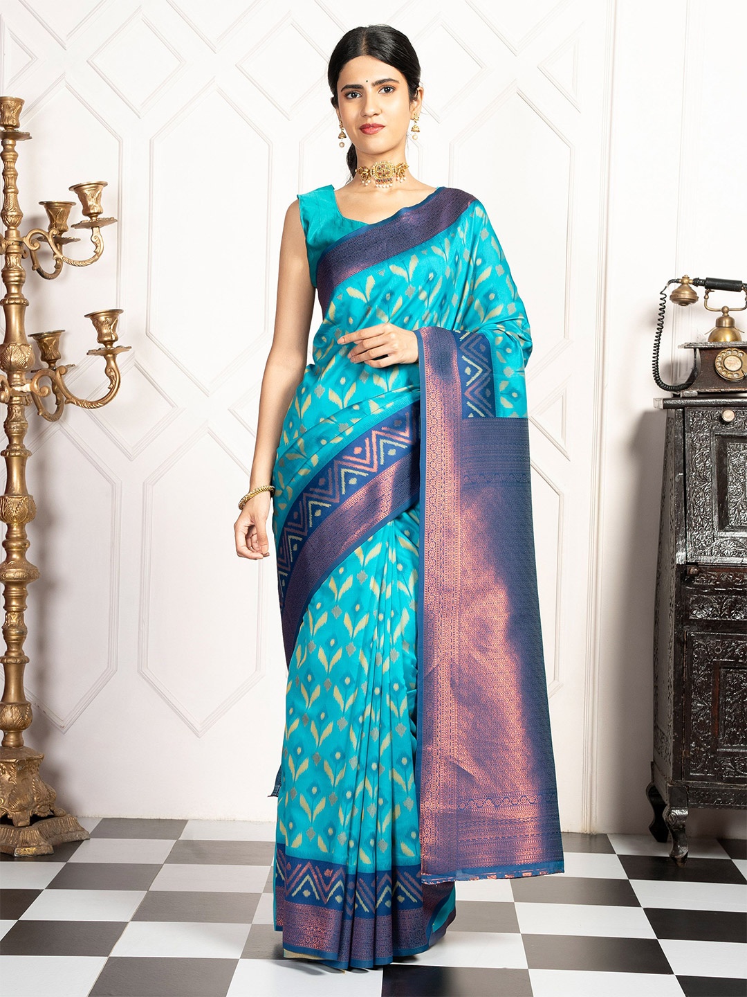 

MIMOSA Floral Zari Art Silk Pochampally Saree With Blouse Piece, Turquoise blue