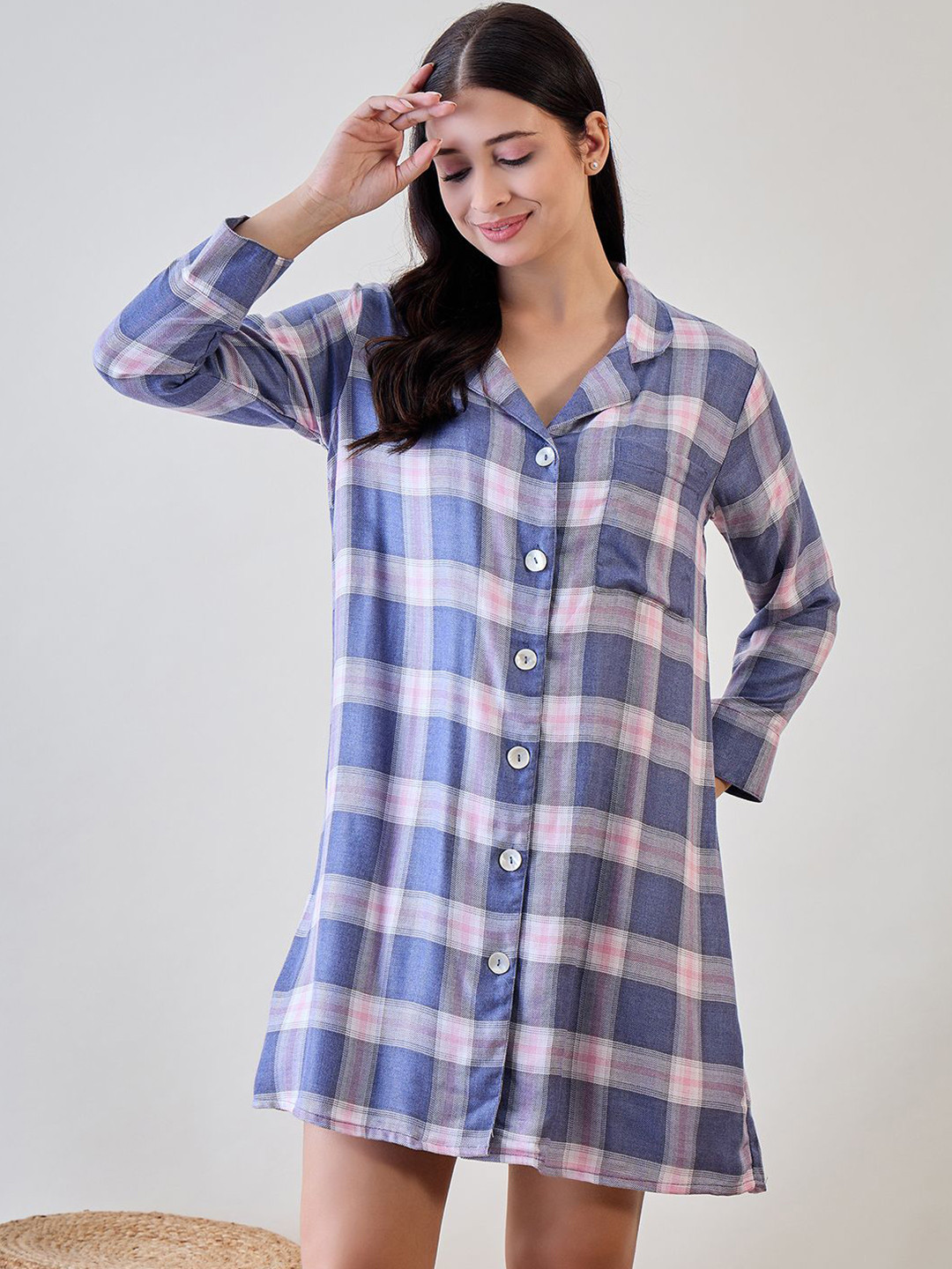 

The Kaftan Company Checked Nightdress, Blue