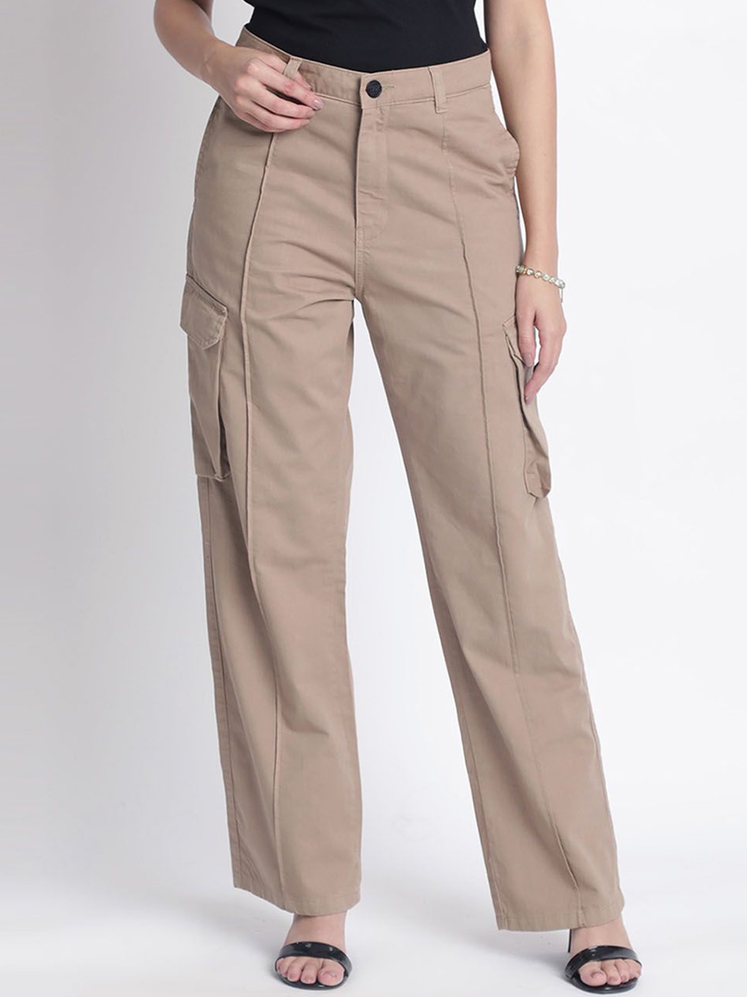 

IVOC Women Straight Fit High-Rise Cargos Trousers, Beige