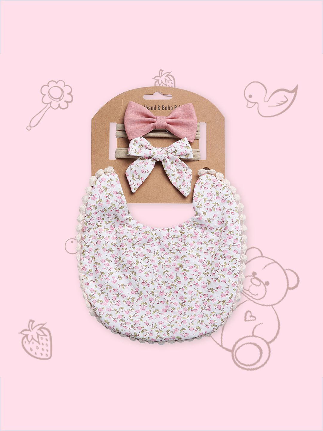 

Polka Tots Infant Girls Printed Cotton Bibs With 2Pc Headbands, White