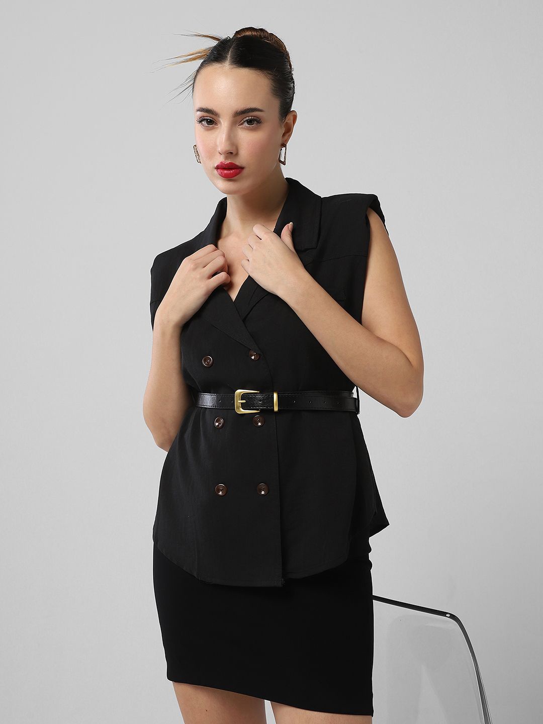 

SHOWOFF Women Cotton Blazer Top with Belt, Black