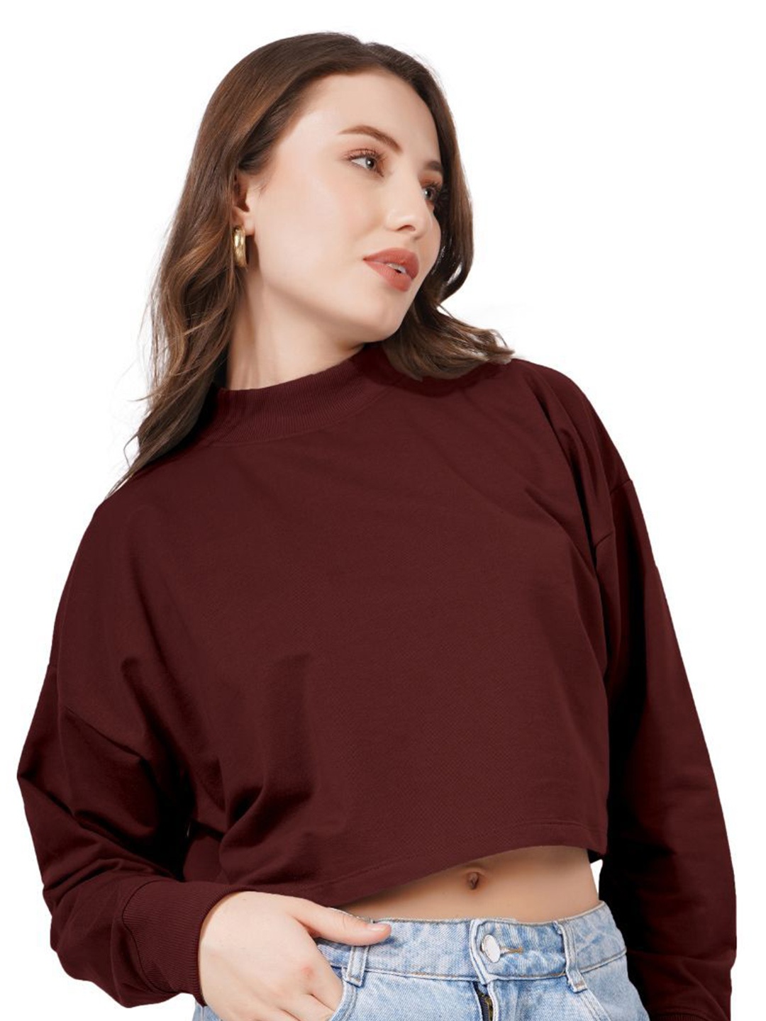 

BLUEFICUS Women Cotton High Neck Crop Sweatshirt, Maroon