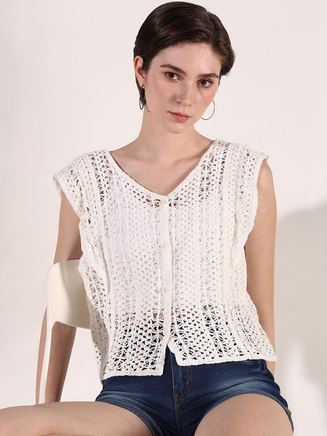 

SHOWOFF Women Self Design V-Neck Crochet Top, Off white