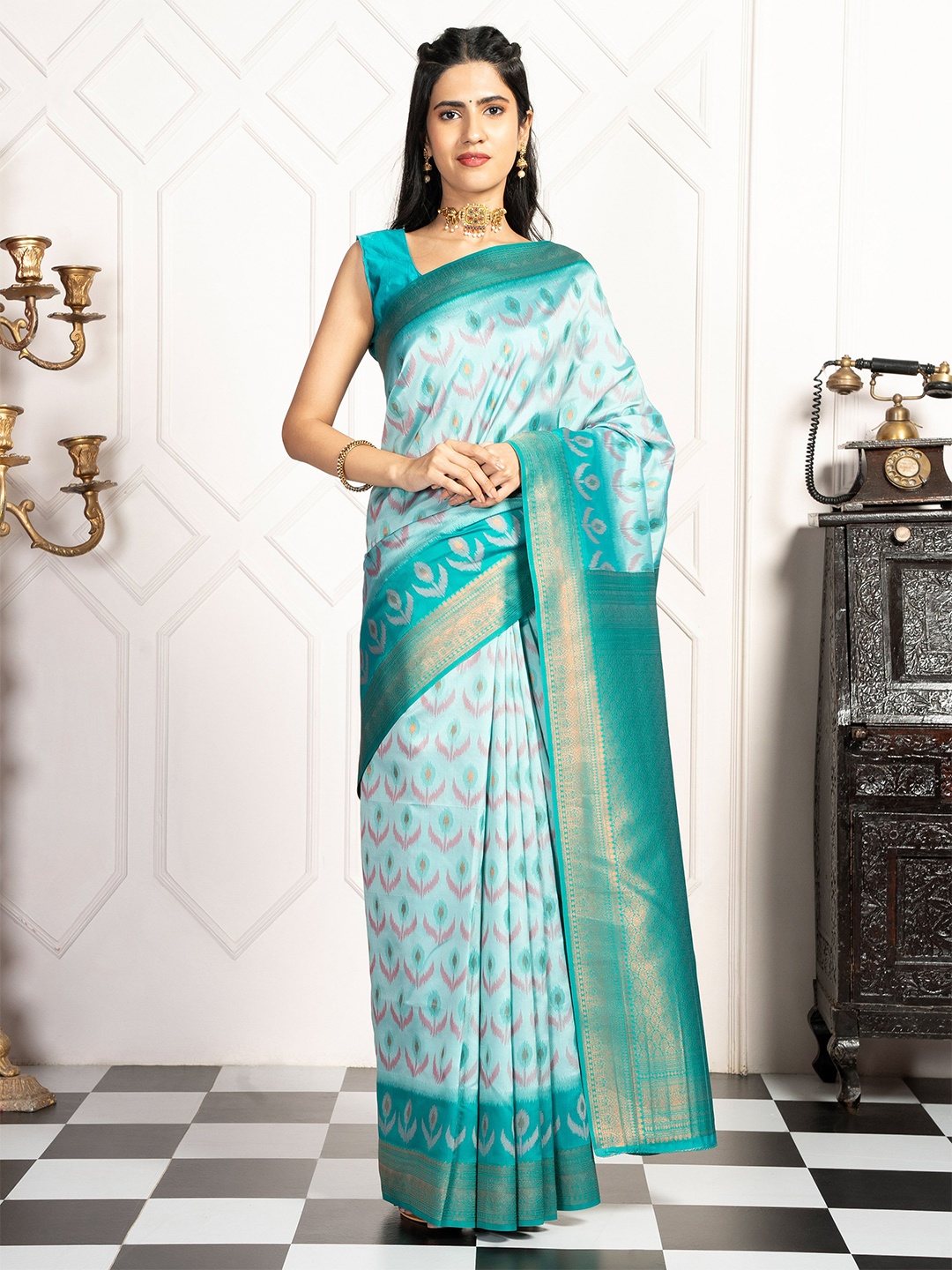 

MIMOSA Woven Design Zari Pochampally Saree, Turquoise blue