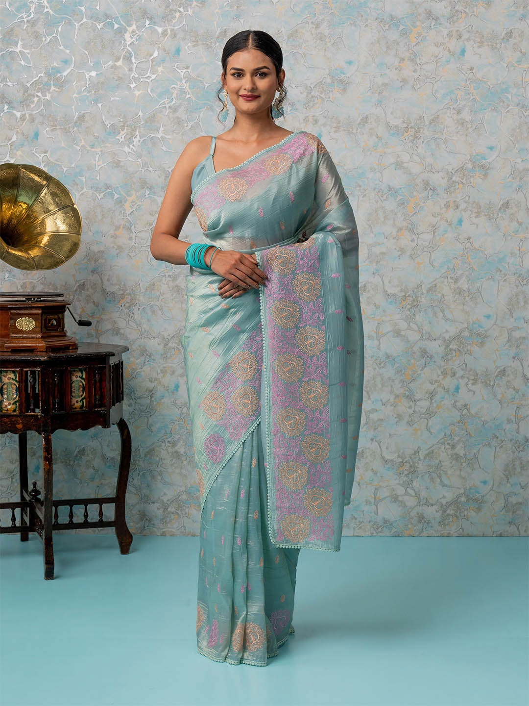 

MIMOSA Floral Zari Banarasi Saree, Turquoise blue