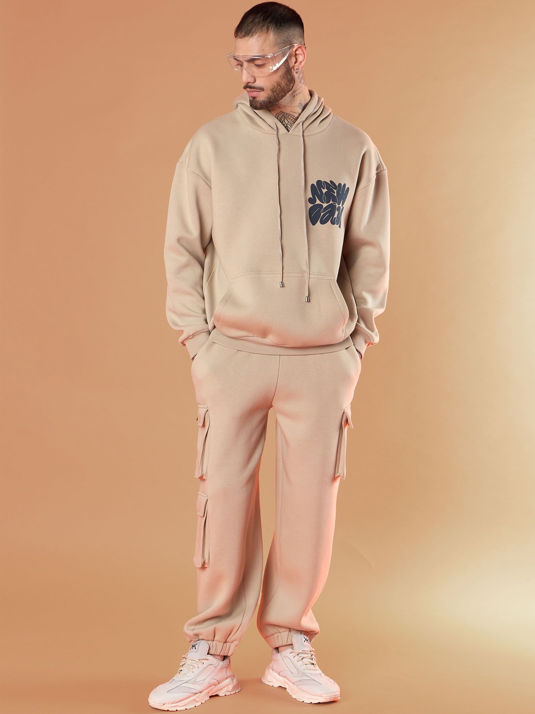 

MASCLN SASSAFRAS Taupe Printed Hooded Long Sleeves Sweatshirt With Jogger
