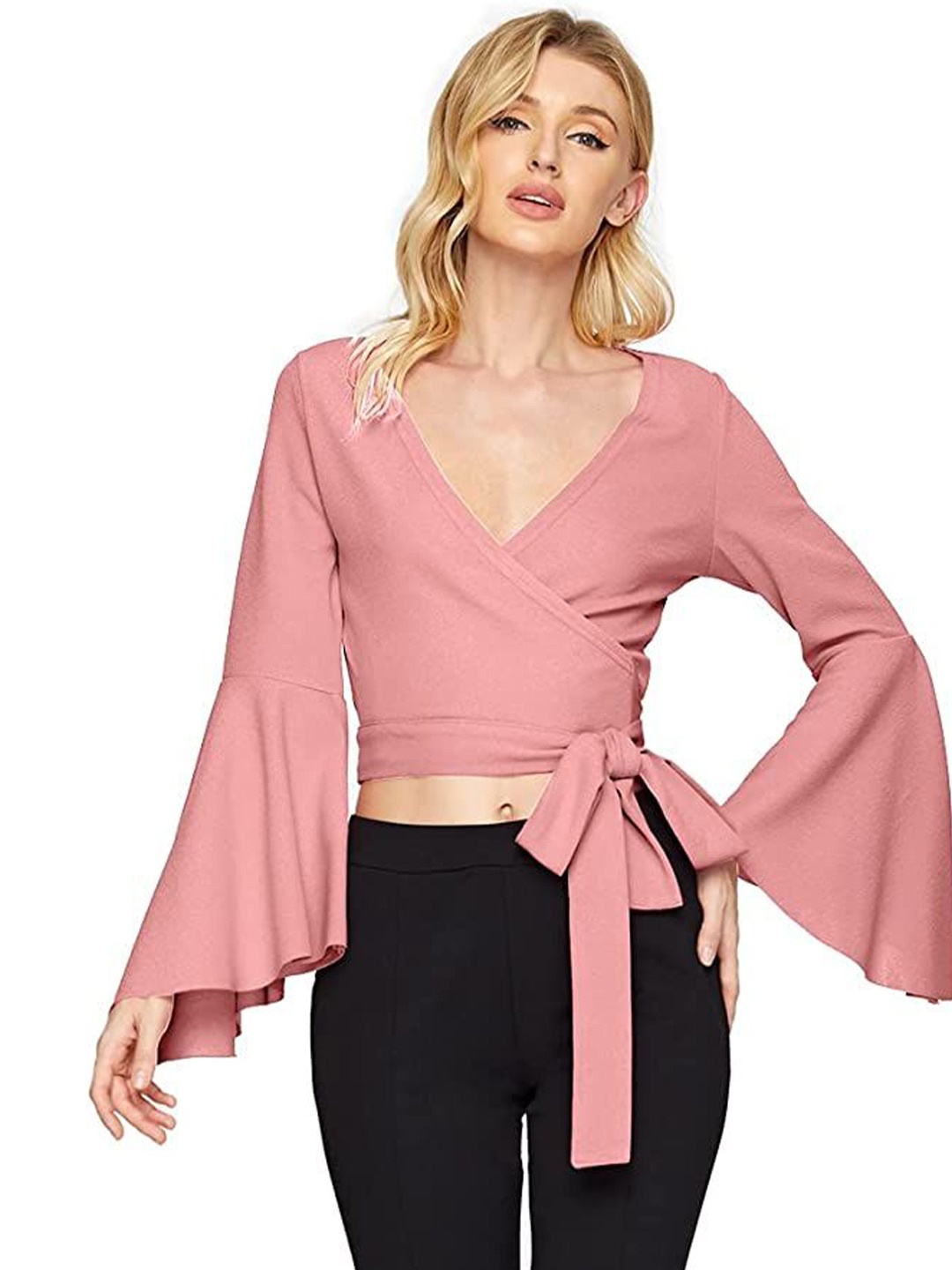 

Samsara Couture Tie and Dye Bell Sleeve Wrap Top, Pink