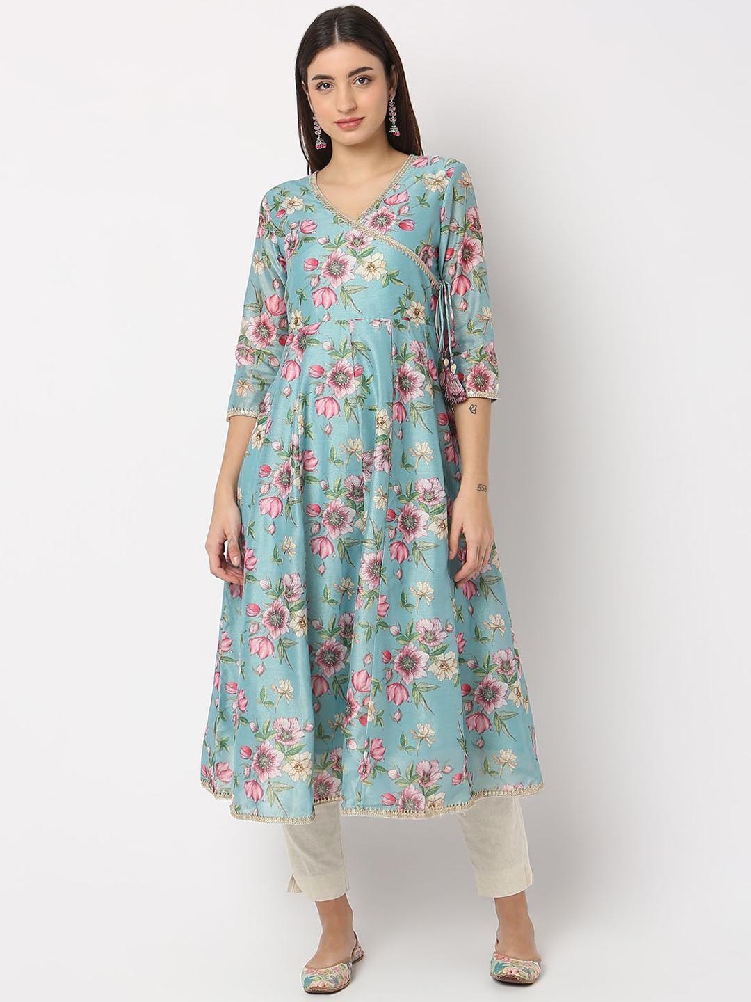 

Ethnicity Women Floral Printed Flared Sleeves Mirror Work Anarkali Kurta, Teal