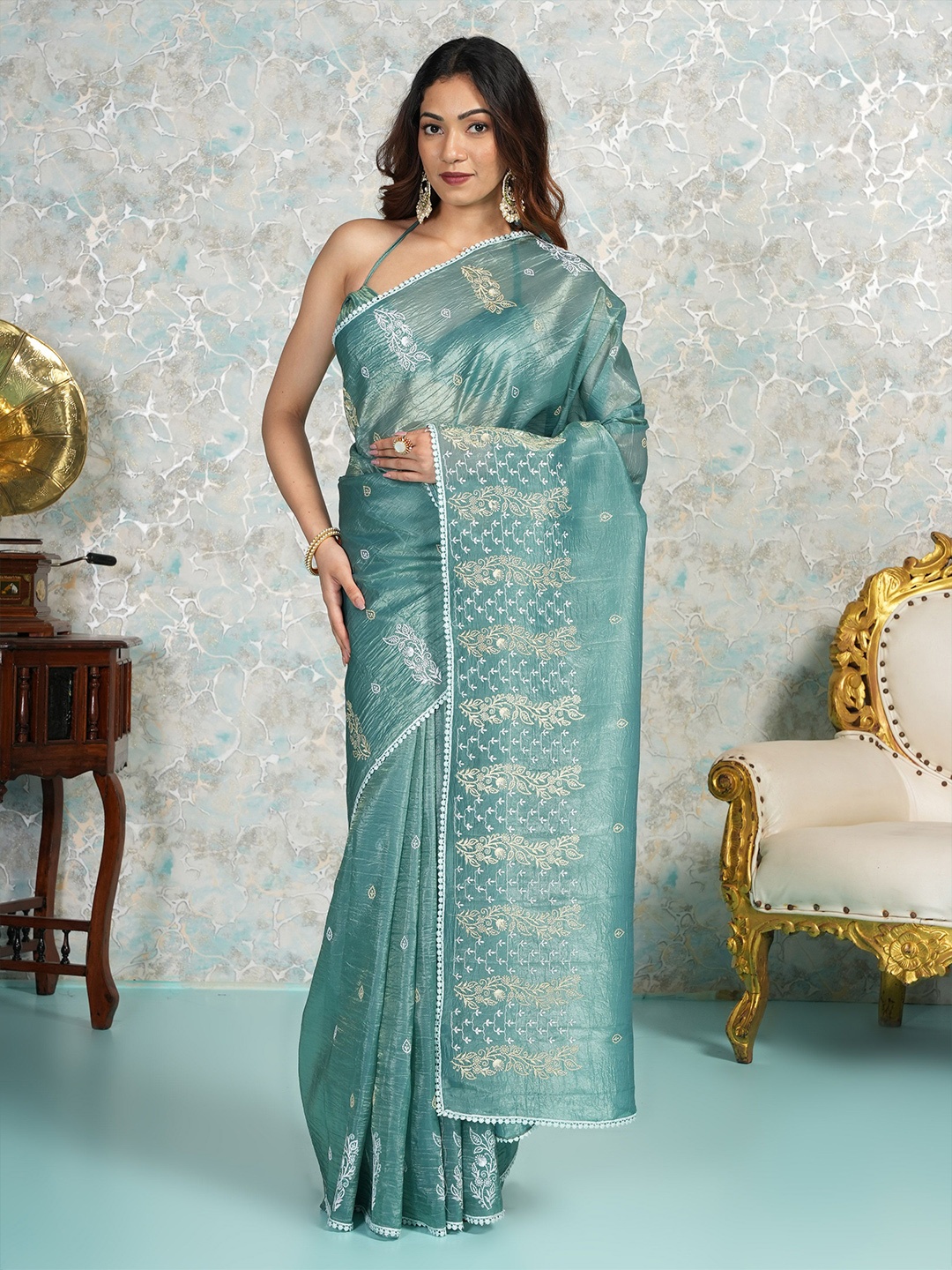 

MIMOSA Ethnic Motifs Embroidered Banarasi Saree, Turquoise blue