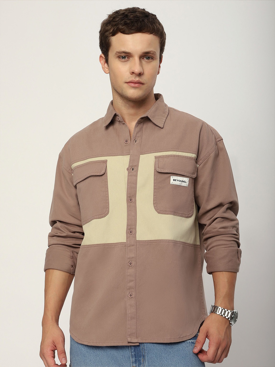 

Beyoung Men Spread Collar Solid Cotton Relaxed Fit Casual Shirt, Mauve