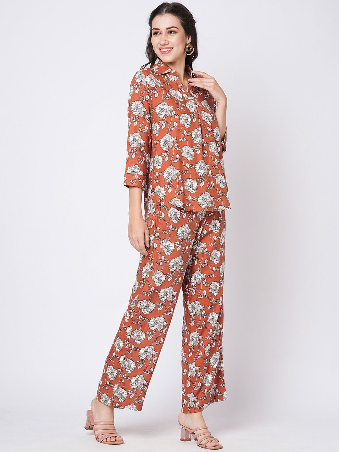 

KALINI Floral Printed Shirt Collar Three-Quarter Sleeves Top With Palazzo, Brown