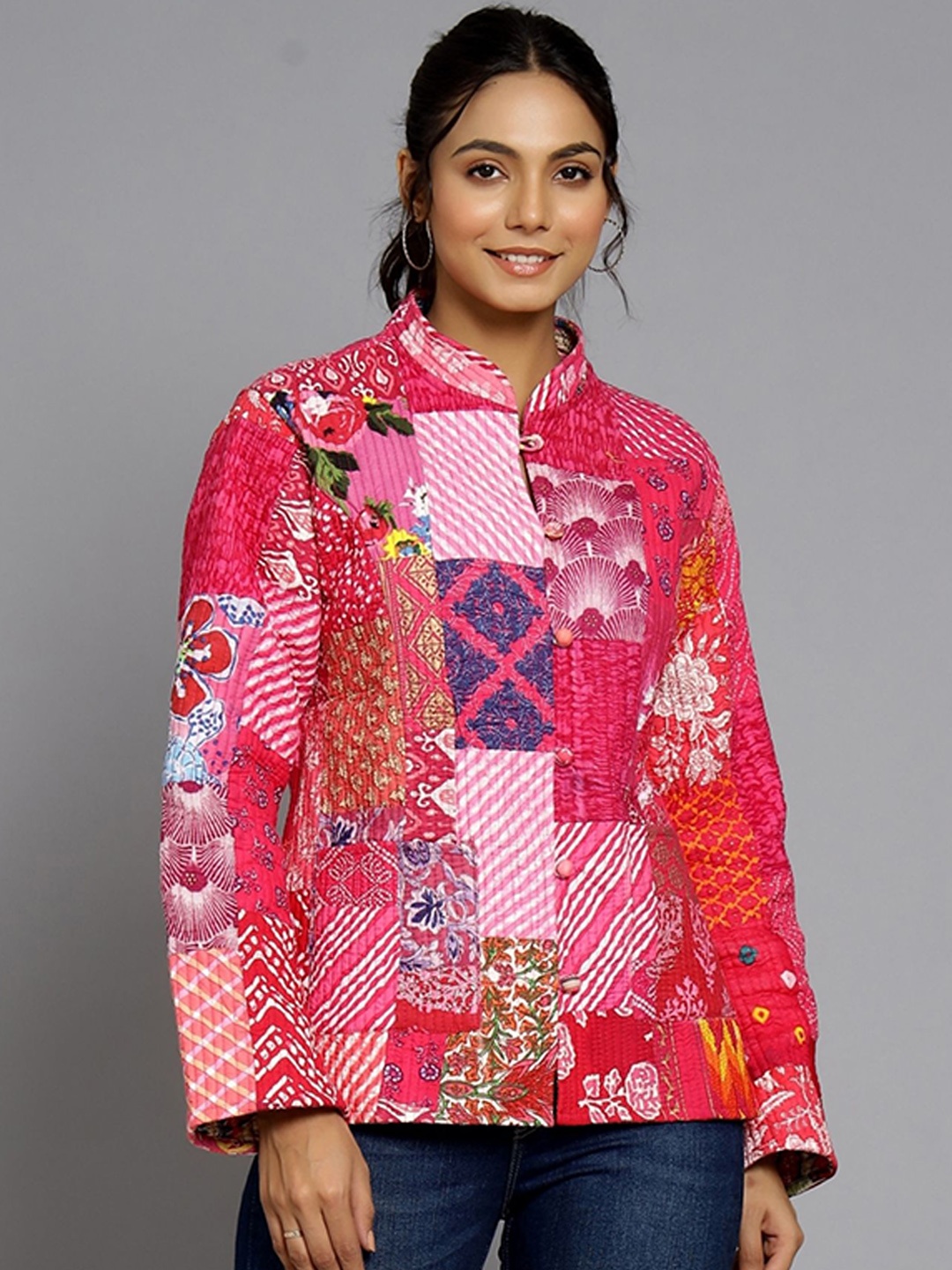 

HANDICRAFT PALACE Women Floral Reversible Tailored Jacket with Patchwork, Pink