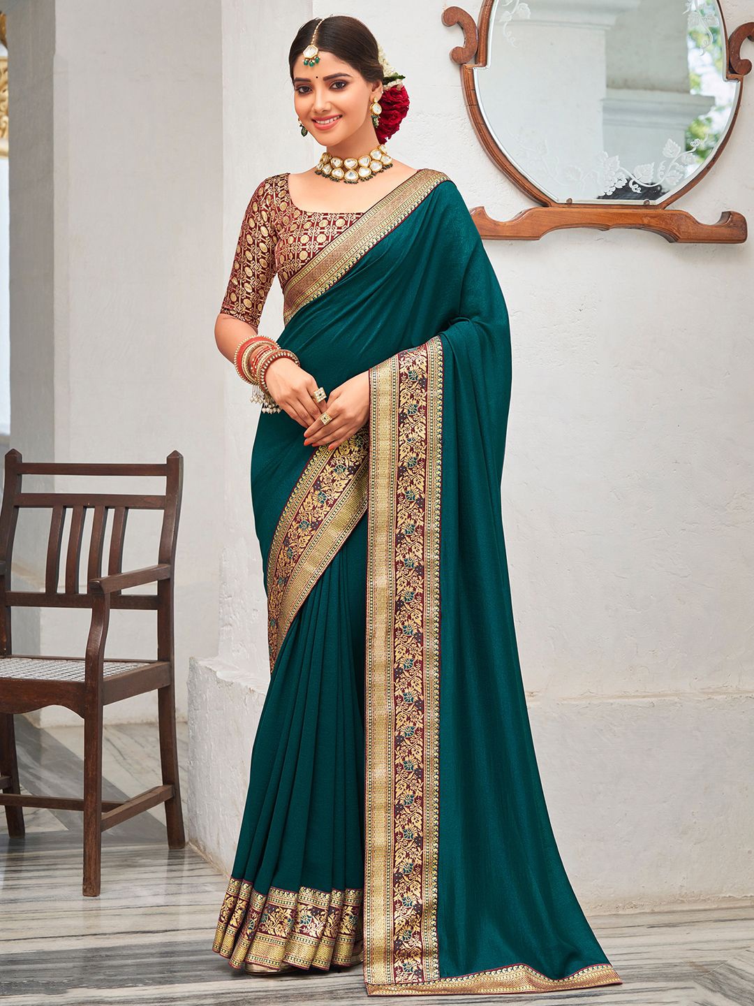 

Saree mall Zari Silk Blend Sarees, Teal