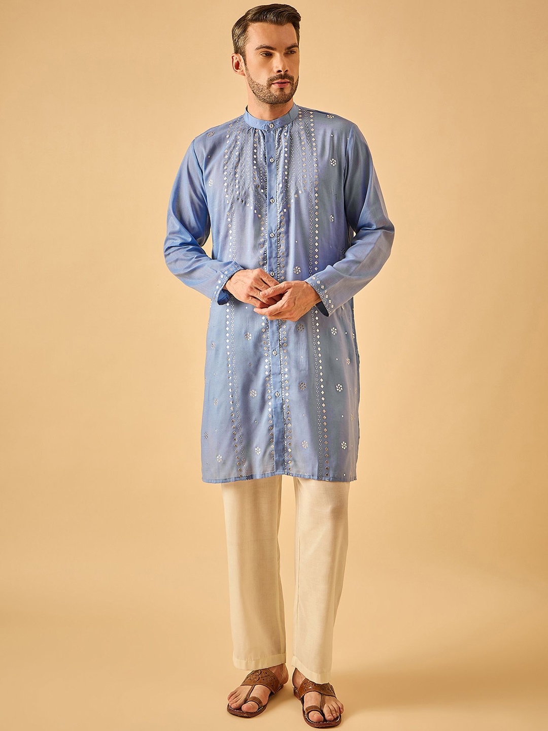 

House of Pataudi Men Indian Ethnic Wear Embroidered Straight Kurta Set, Blue