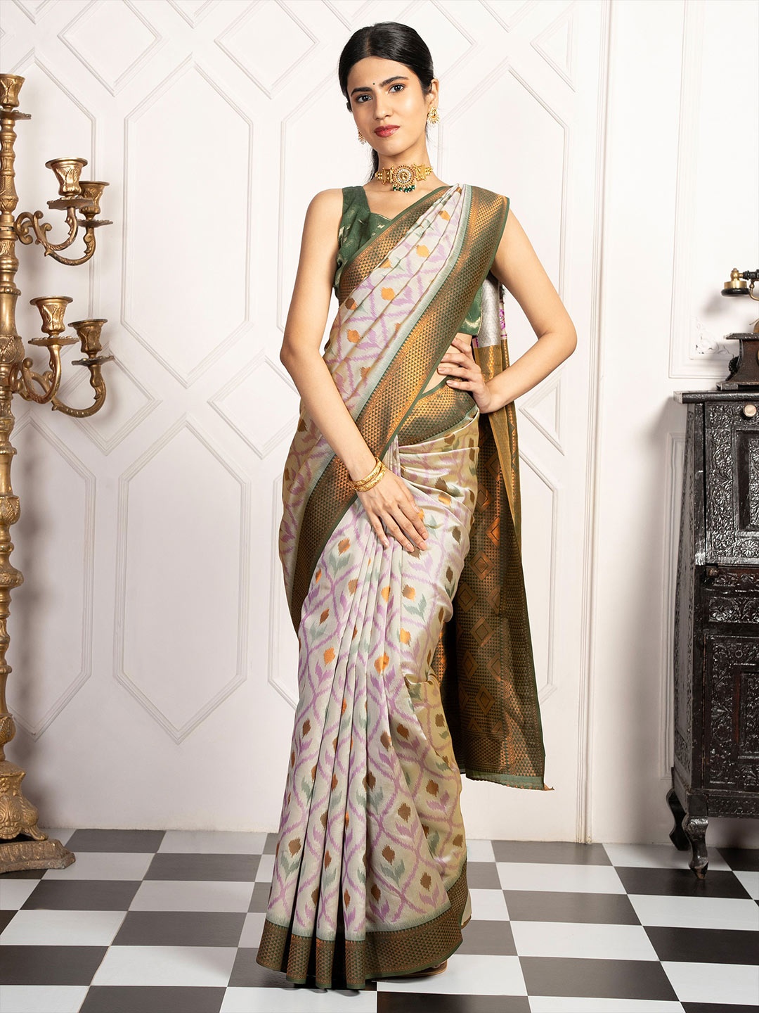 

MIMOSA Floral Woven Design Zari Pochampally Saree, Grey