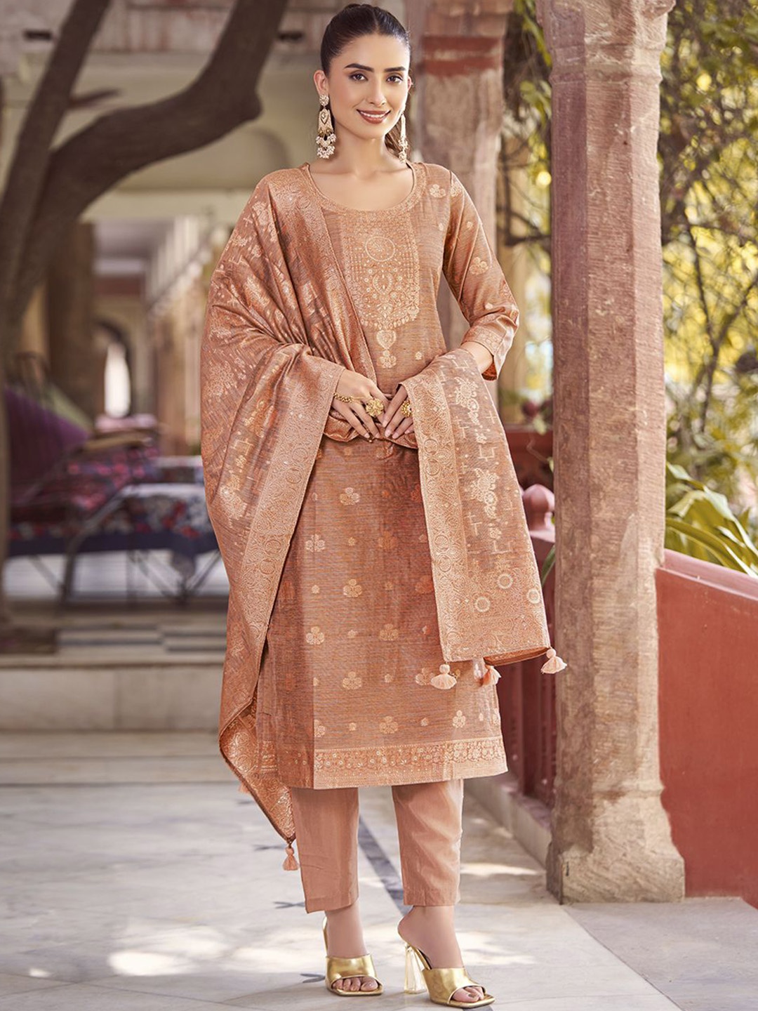 

KALINI Women Woven Straight Silk Blend Kurta with Trousers & With Dupatta, Rust
