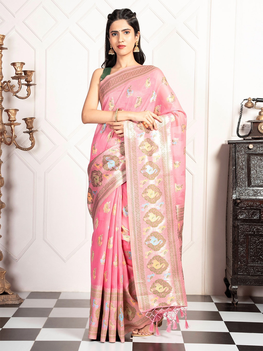 

MIMOSA Ethnic Motifs Woven Design Kanjeevaram Saree, Pink