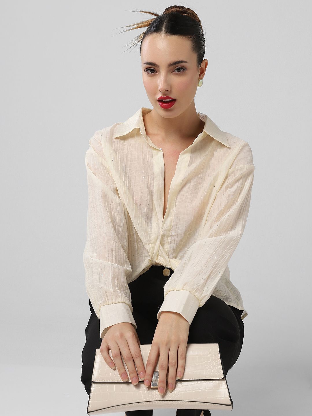 

SHOWOFF Women Studded Shirt Style Crop Top, Cream