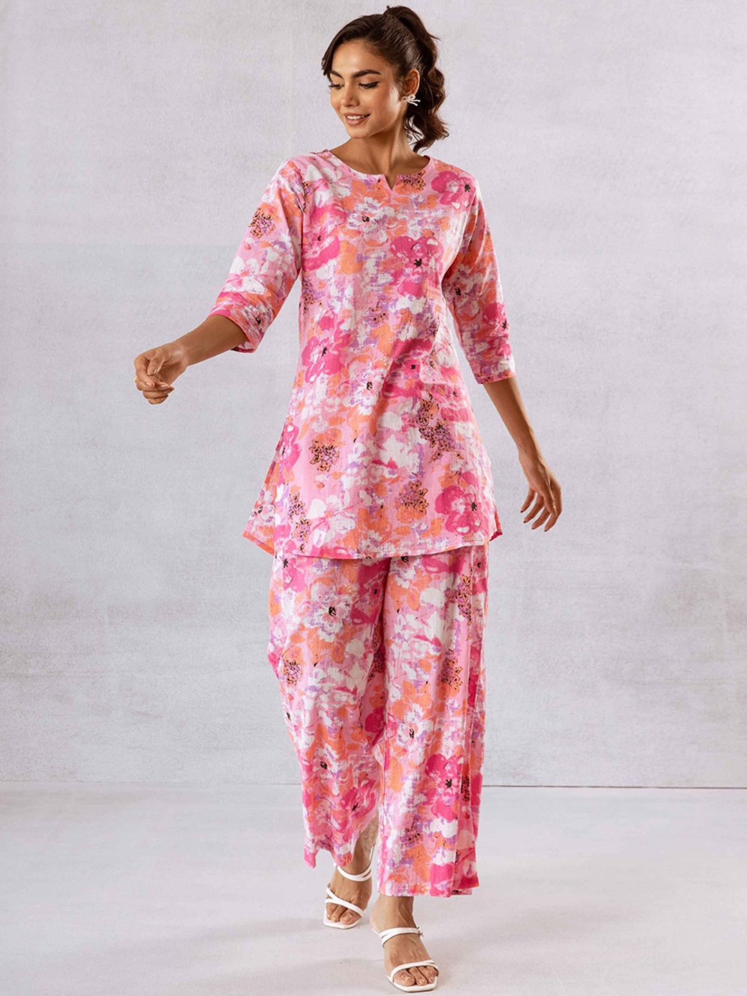 

HUKUM Printed Pure Cotton Top With Palazzo Co-Ords, Pink