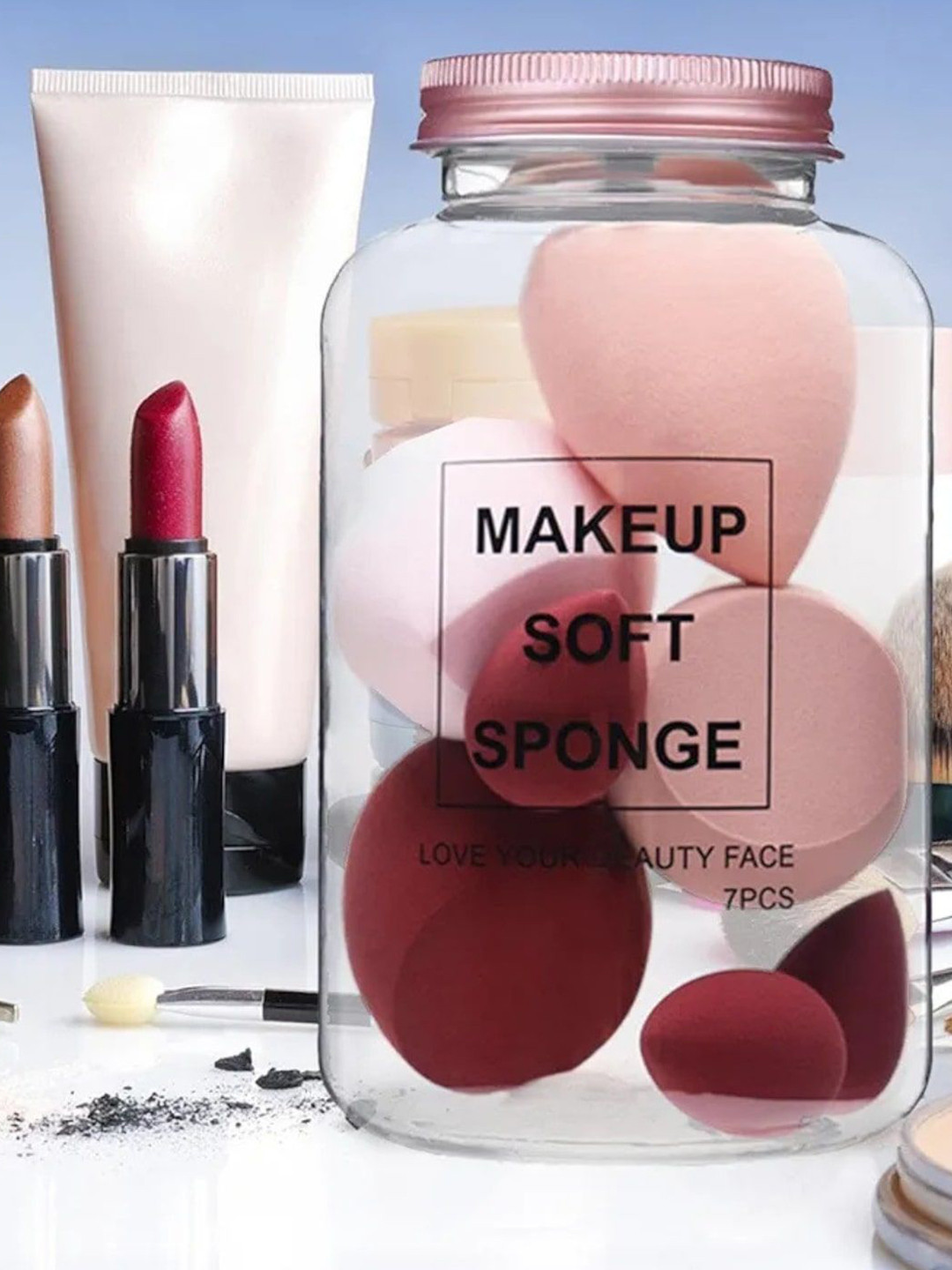 

FEELHIGH Set Of 7 Professional Blender Makeup Sponge With Storage Jar, Brown