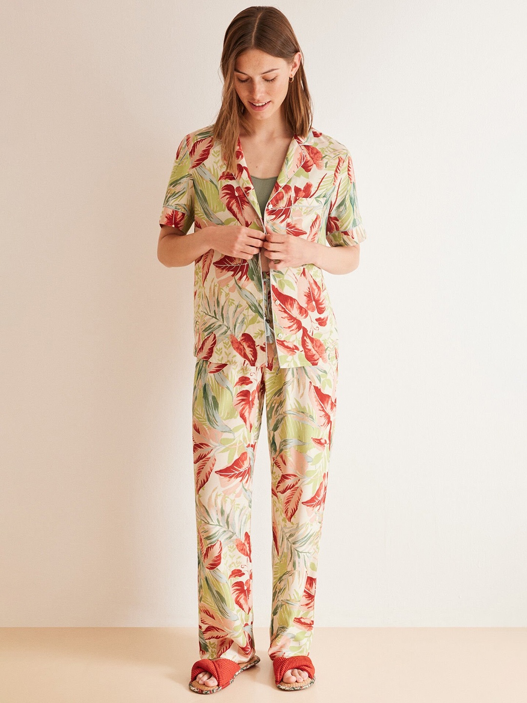 

women'secret Tropical Printed Night Suit, Green