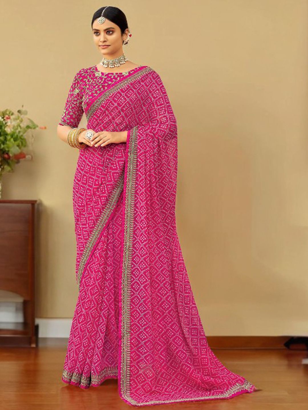 

Mitera Bandhani Embroidered Pure Georgette Bandhani Saree, Pink