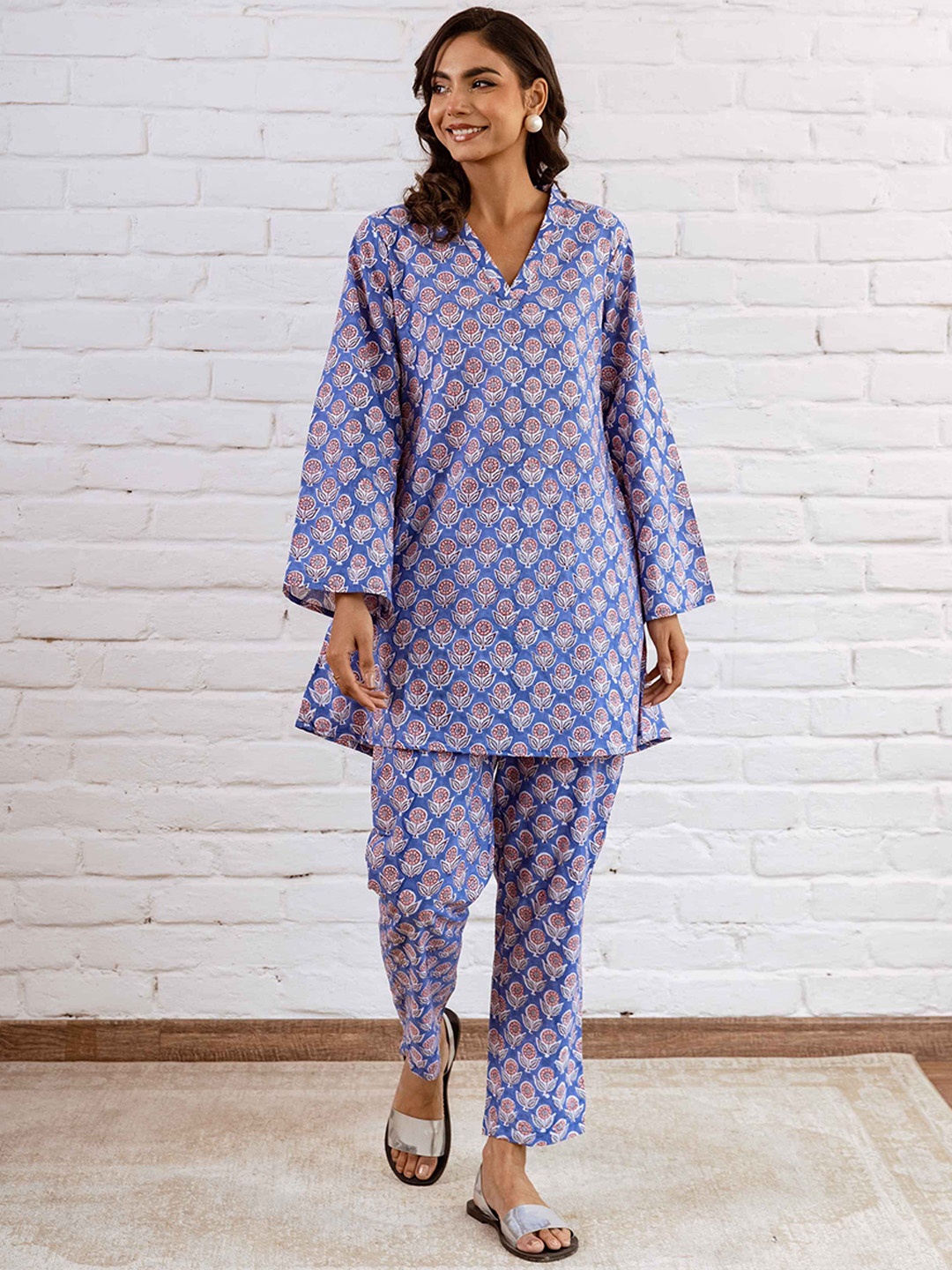 

HUKUM Printed Pure Cotton Top With Trouser Co-Ords, Blue
