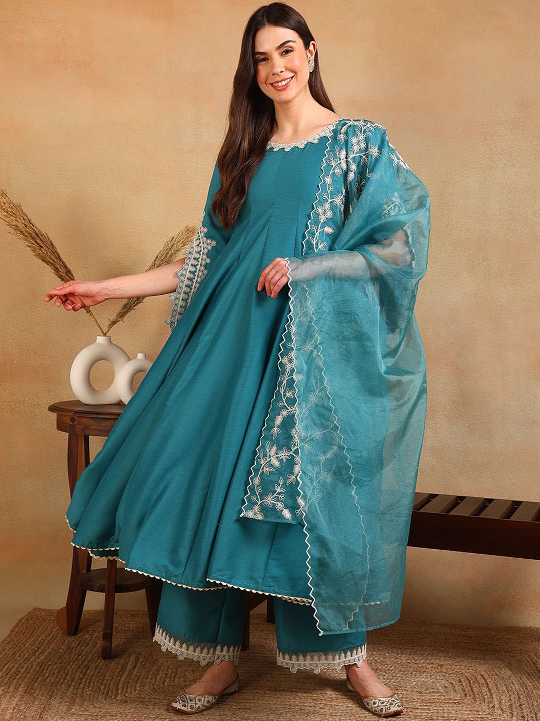 

KALINI Women Embroidered Empire Thread Work Kurta with Palazzos & With Dupatta, Blue