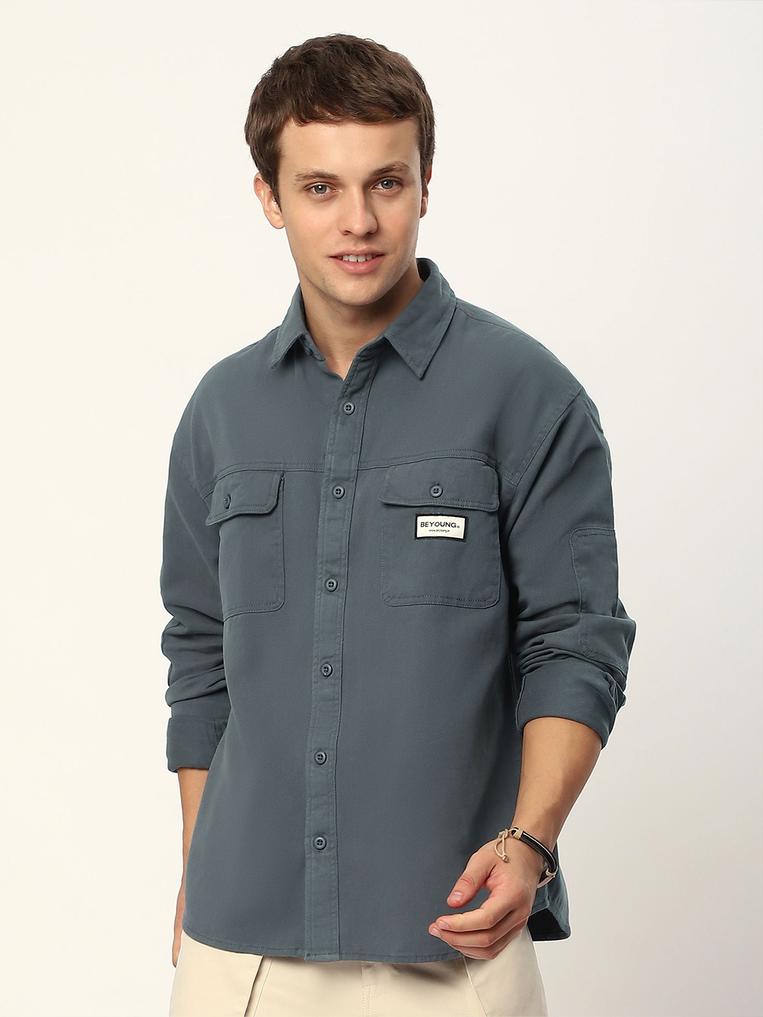 

Beyoung Men Spread Collar Solid Cotton Relaxed Fit Casual Shirt, Teal