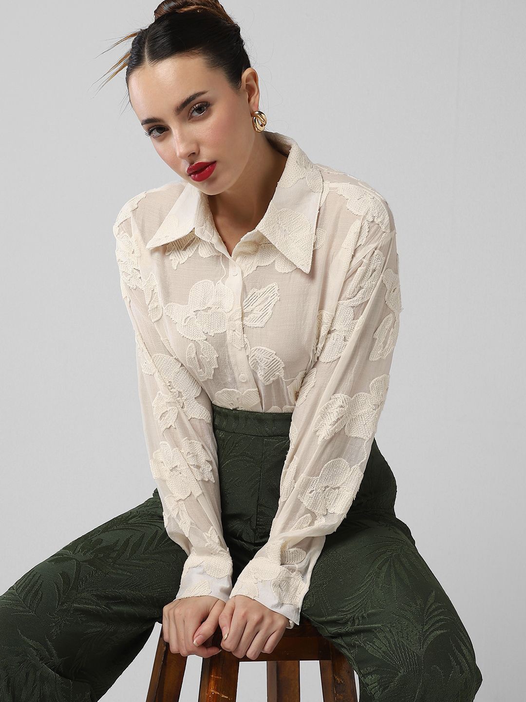 

SHOWOFF Women Floral Semi Sheer Casual Shirt, Cream