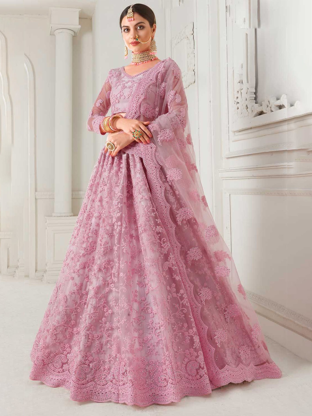 

JULEE Embroidered Semi-Stitched Lehenga & Unstitched Blouse With Dupatta, Pink